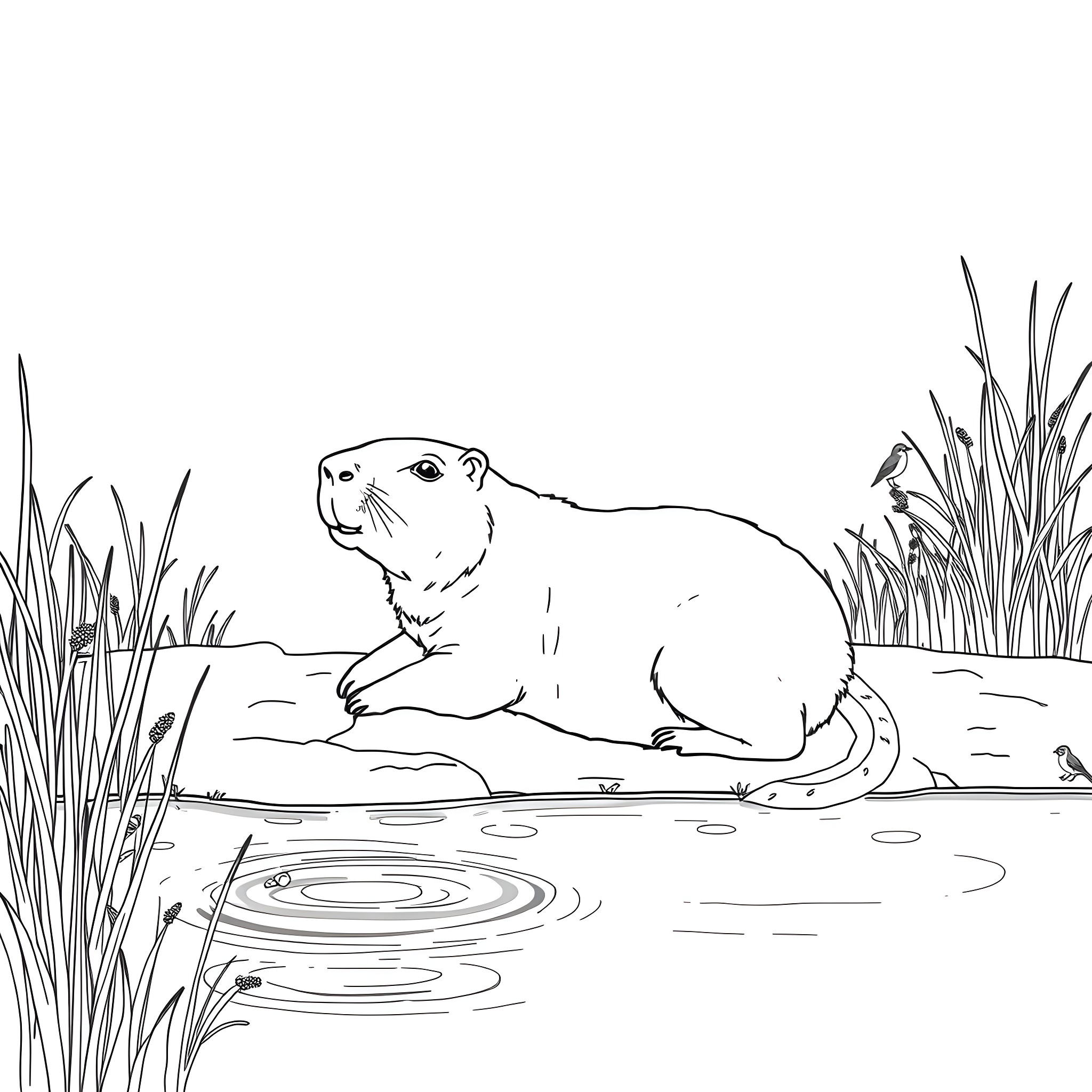 Capybara relaxing in a pond Coloring Page (free black-and-white line drawing printable PDF for all, from beginners to advanced learners, including children, teens, adults, and seniors)