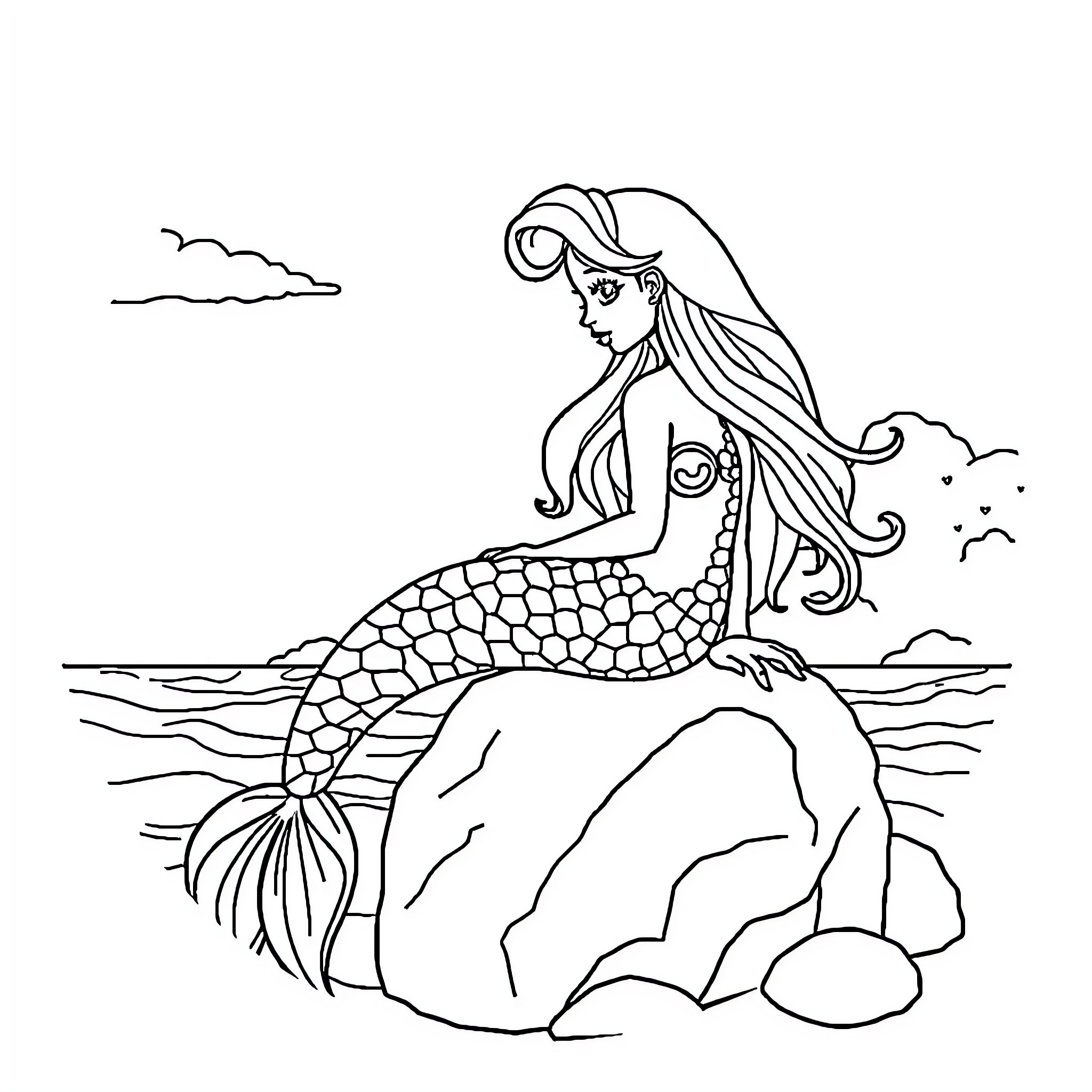 Siren gazing longingly at the sea Coloring Page (free black-and-white line drawing printable PDF for all, from beginners to advanced learners, including children, teens, adults, and seniors)