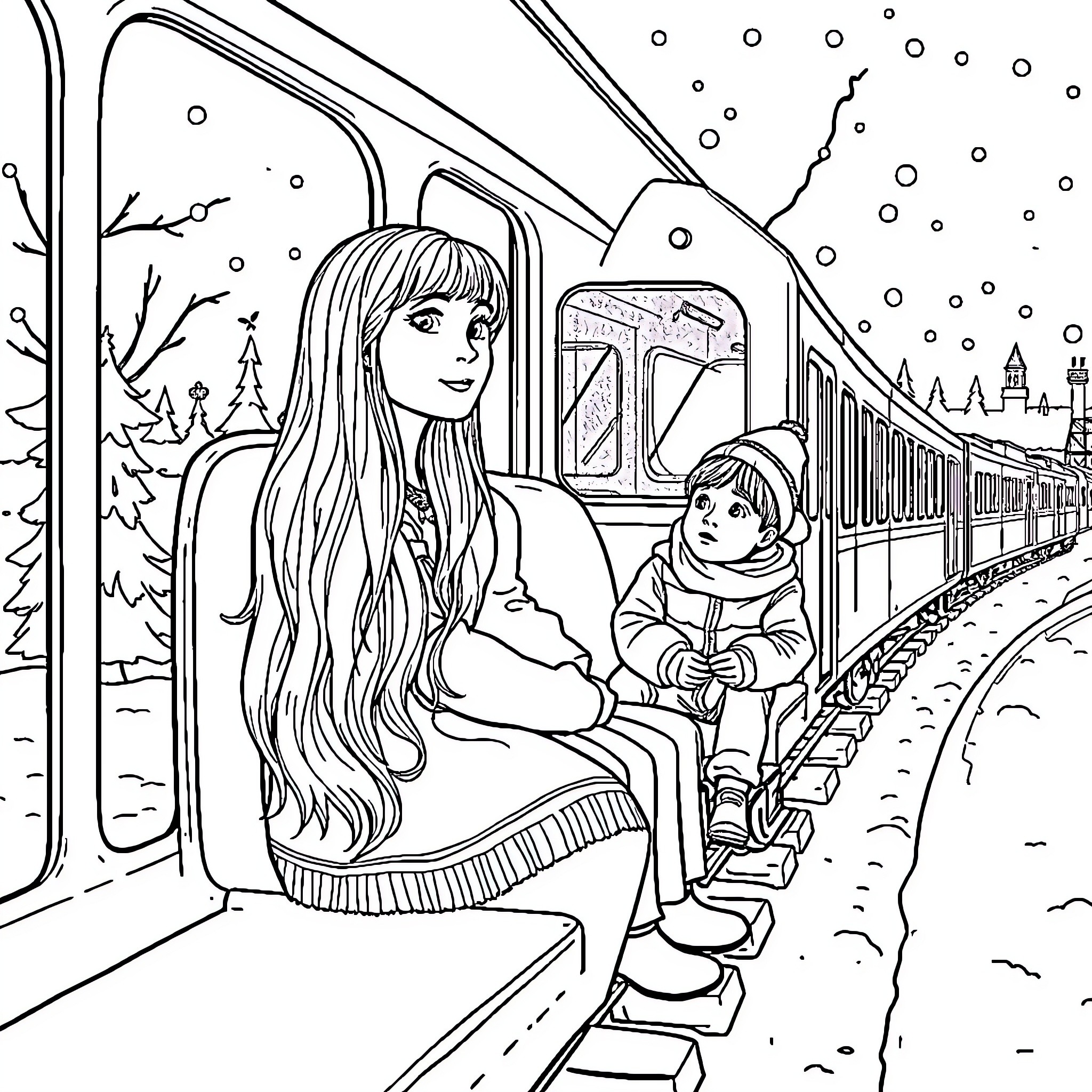 Girl riding the train in winter wonderland Coloring Page (free black-and-white line drawing printable PDF for all, from beginners to advanced learners, including children, teens, adults, and seniors)