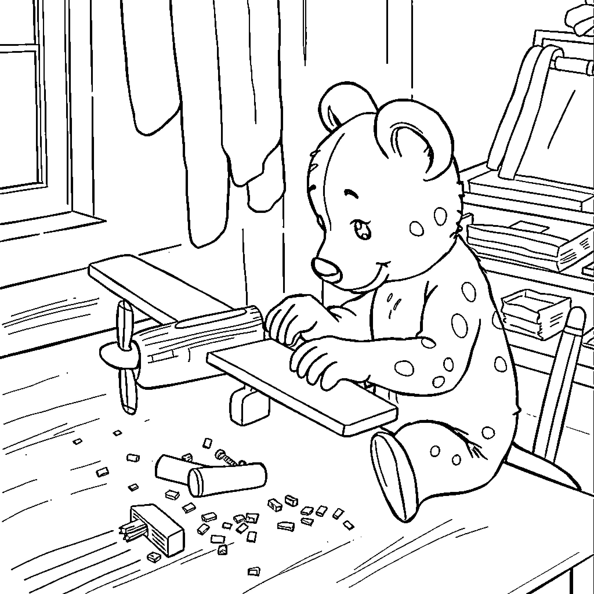 Kipper coloring and crafting in cozy room Coloring Page (free black-and-white line drawing printable PDF for all, from beginners to advanced learners, including children, teens, adults, and seniors)