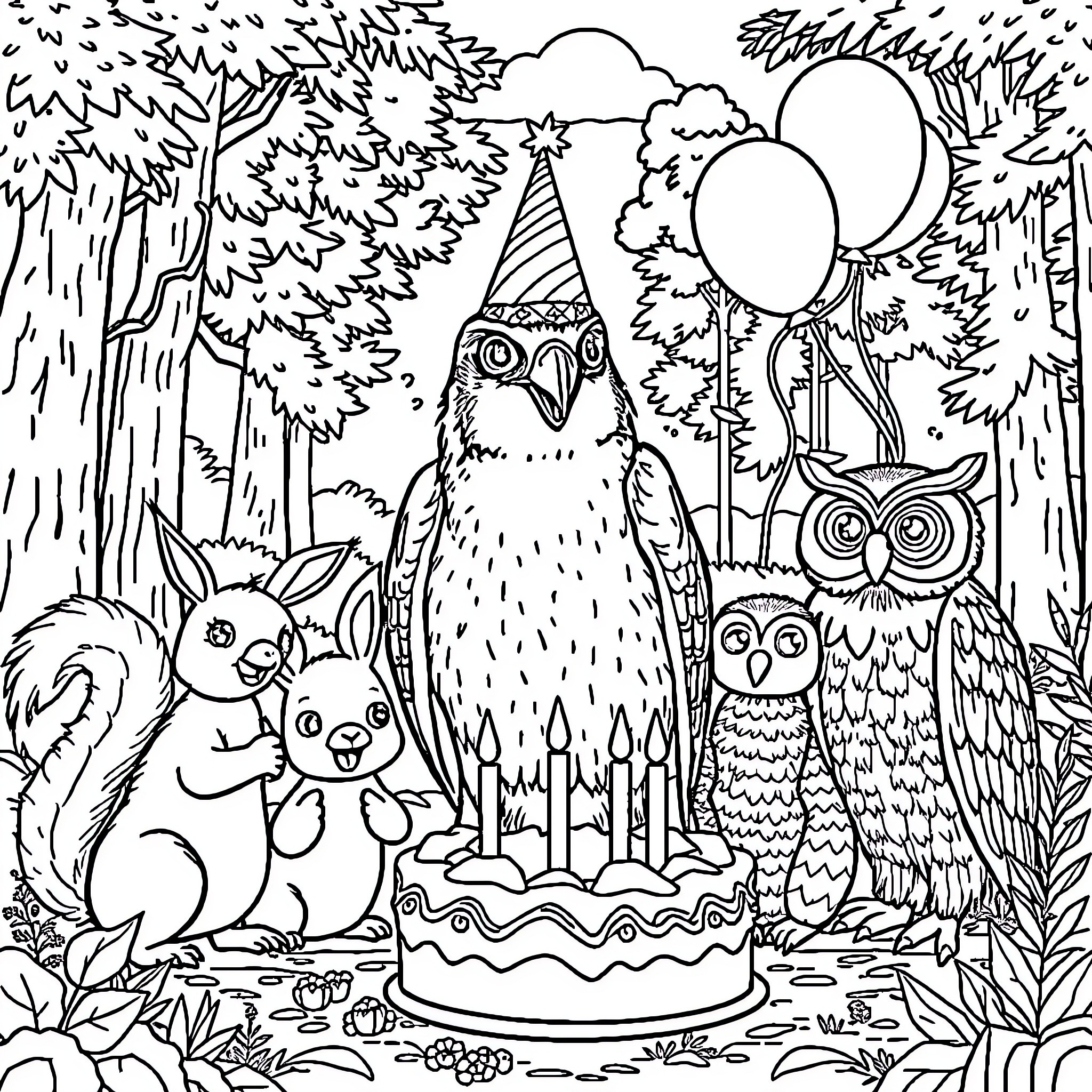 Peregrine Falcon Celebrating Birthday in Woodland Scene Coloring Page (free black-and-white line drawing printable PDF for all, from beginners to advanced learners, including children, teens, adults, and seniors)