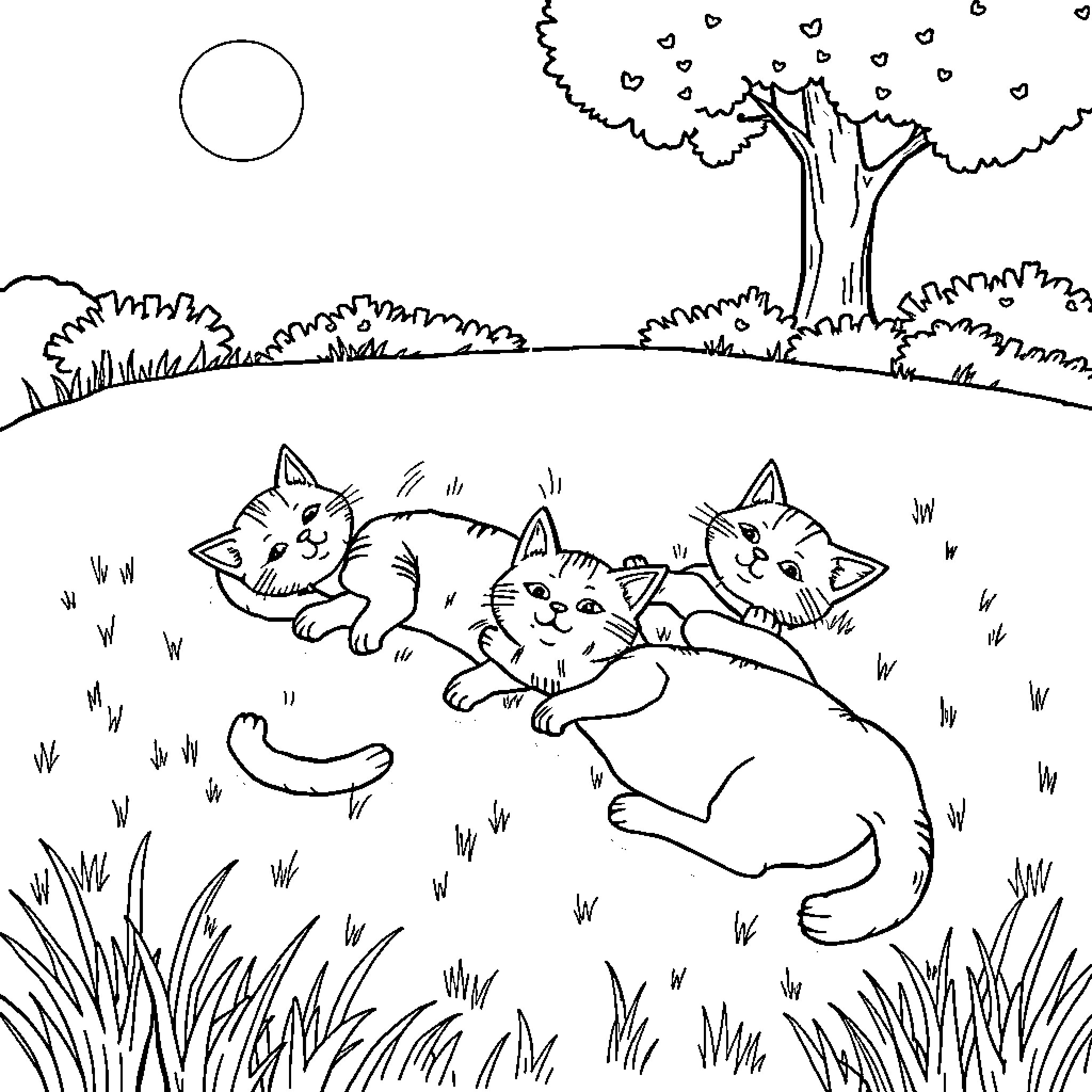 Cats playing joyfully in nature Coloring Page (free black-and-white line drawing printable PDF for all, from beginners to advanced learners, including children, teens, adults, and seniors)