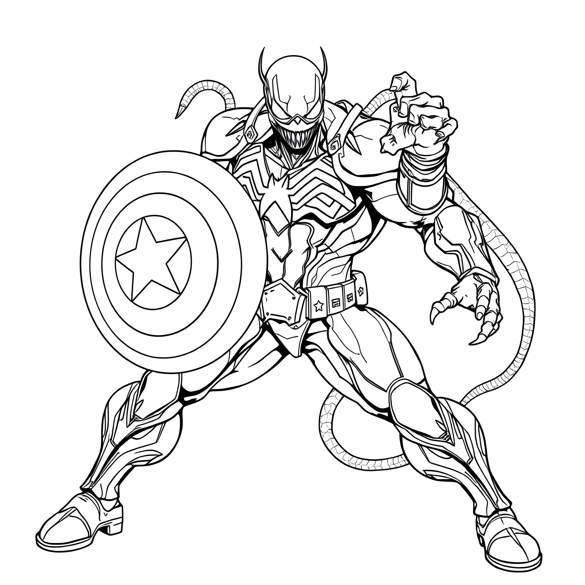 Captain Venom Battles with Super Strength and Shield Coloring Page (free black-and-white line drawing printable PDF for all, from beginners to advanced learners, including children, teens, adults, and seniors)