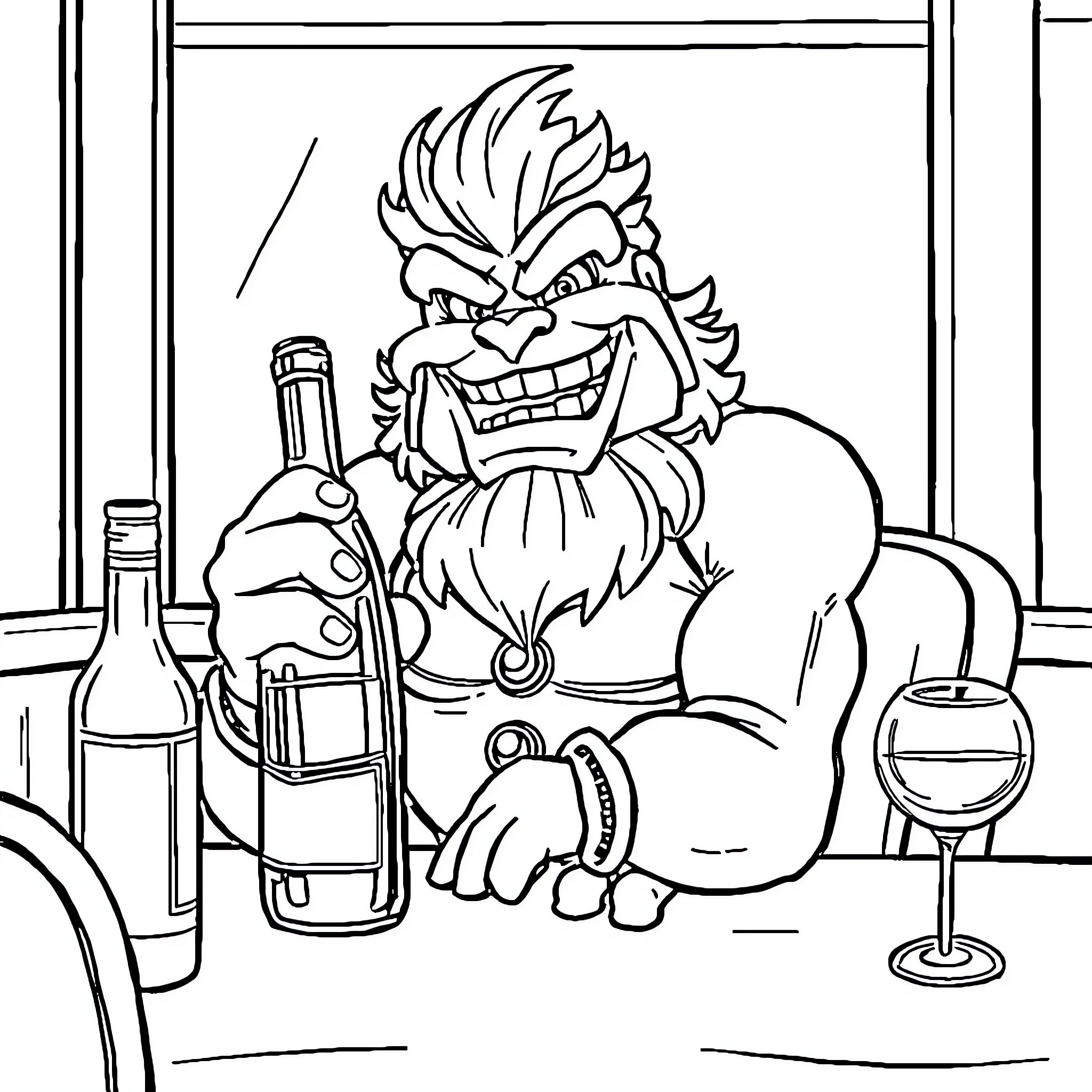 Modok enjoying alcoholic drinks at a bar Coloring Page (free black-and-white line drawing printable PDF for all, from beginners to advanced learners, including children, teens, adults, and seniors)