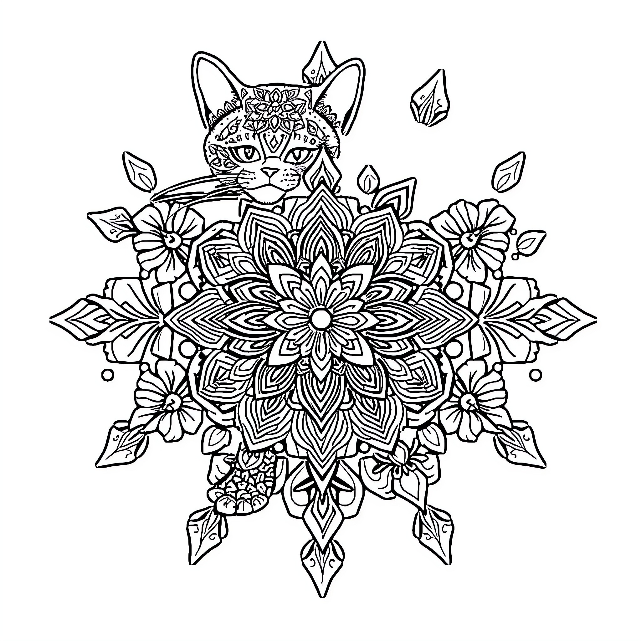 Cat amidst intricate floral mandala Coloring Page (free black-and-white line drawing printable PDF for all, from beginners to advanced learners, including children, teens, adults, and seniors)