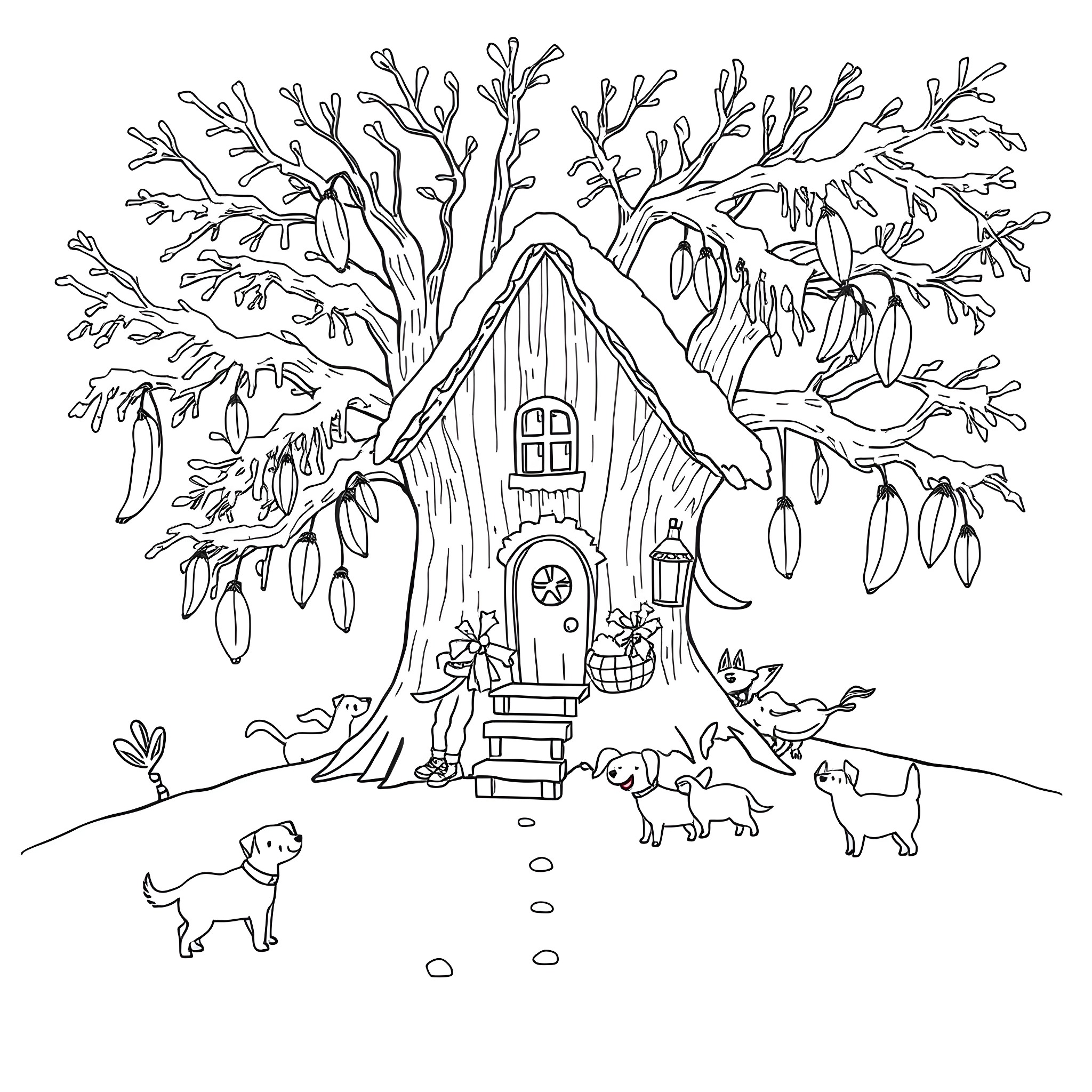 Dogs playing near whimsical cottage in the woods Coloring Page (free black-and-white line drawing printable PDF for all, from beginners to advanced learners, including children, teens, adults, and seniors)