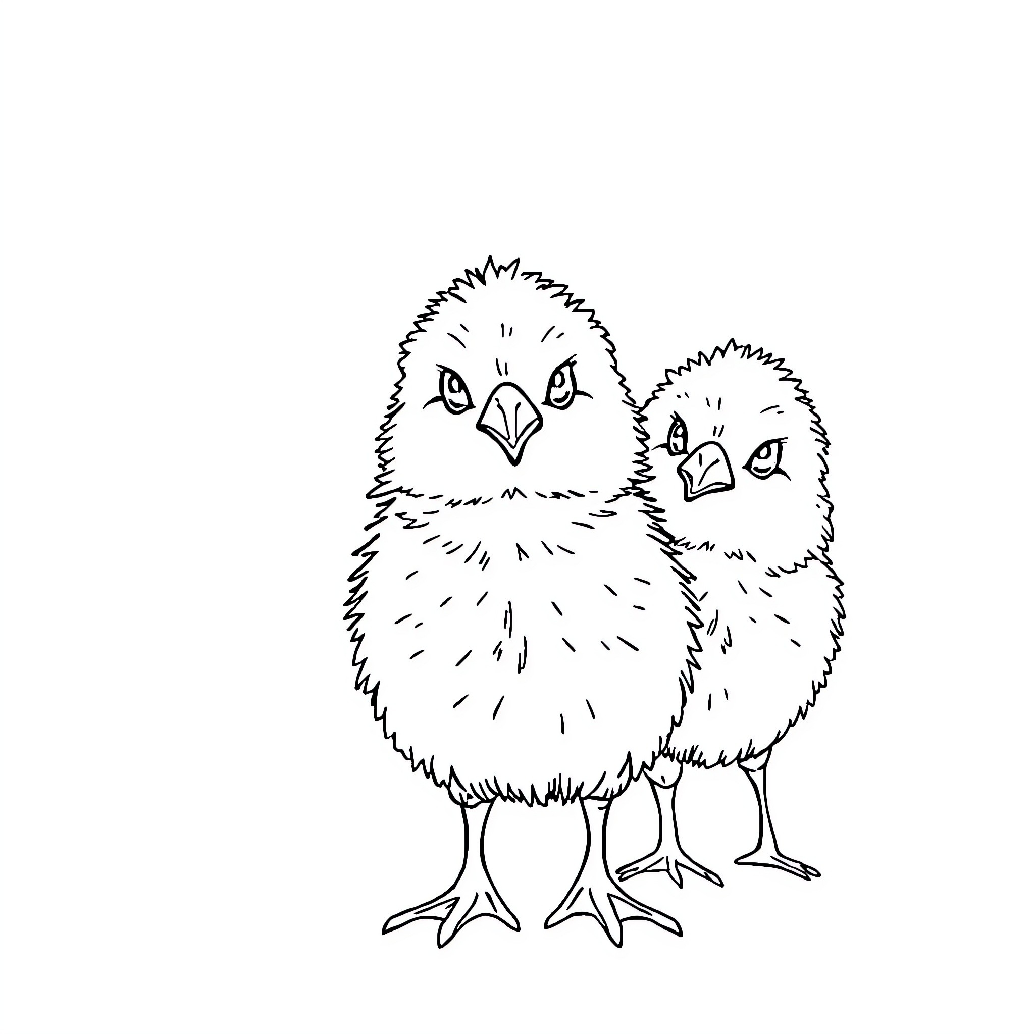 Chick friends standing together Coloring Page (free black-and-white line drawing printable PDF for all, from beginners to advanced learners, including children, teens, adults, and seniors)