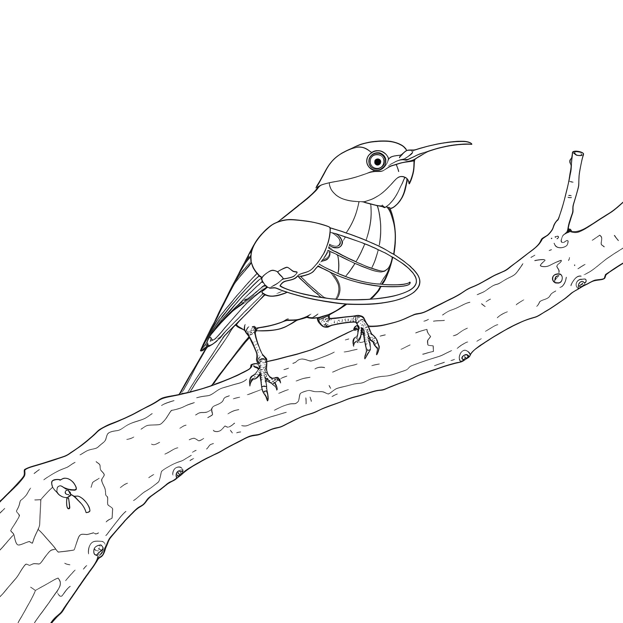Calyptomena bird perched on branch Coloring Page (free black-and-white line drawing printable PDF for all, from beginners to advanced learners, including children, teens, adults, and seniors)