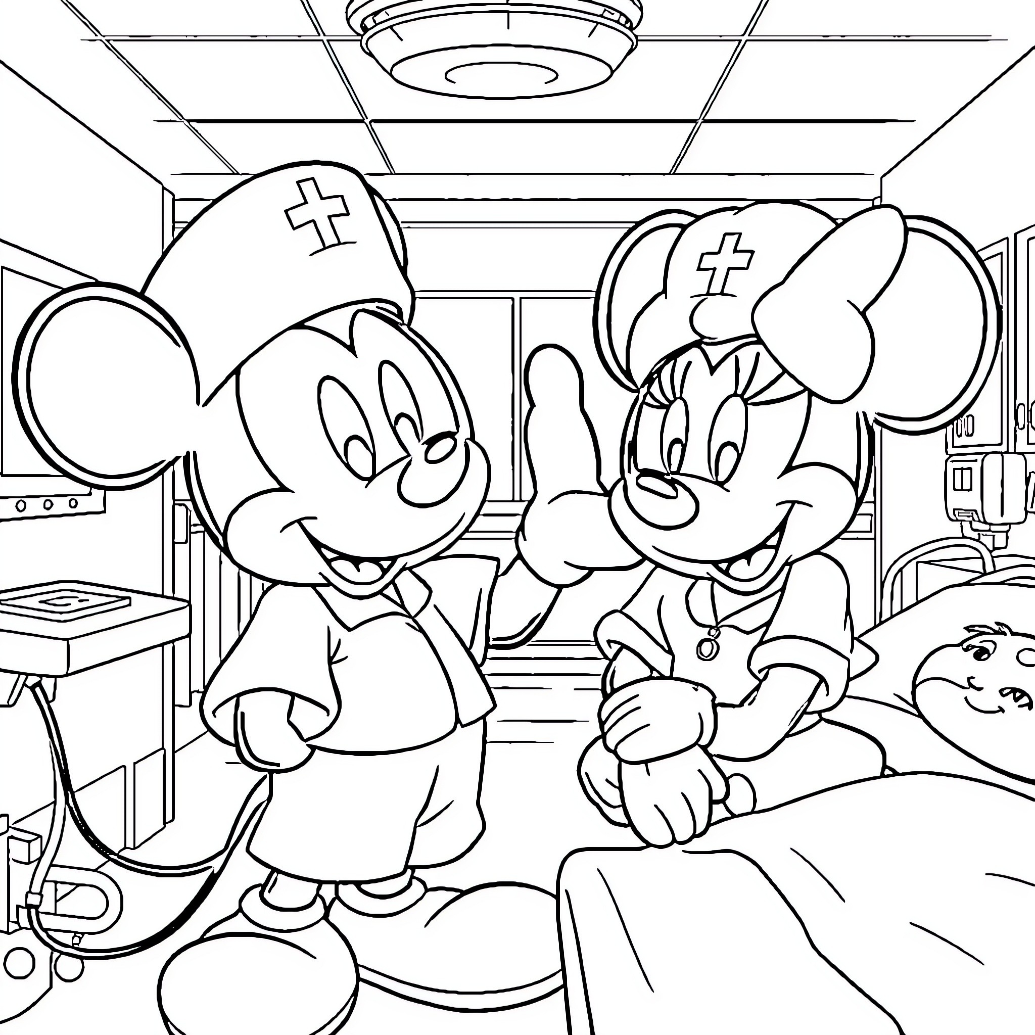 Mickey Mouse and Minnie Mouse as Nurses Coloring Page (free black-and-white line drawing printable PDF for all, from beginners to advanced learners, including children, teens, adults, and seniors)