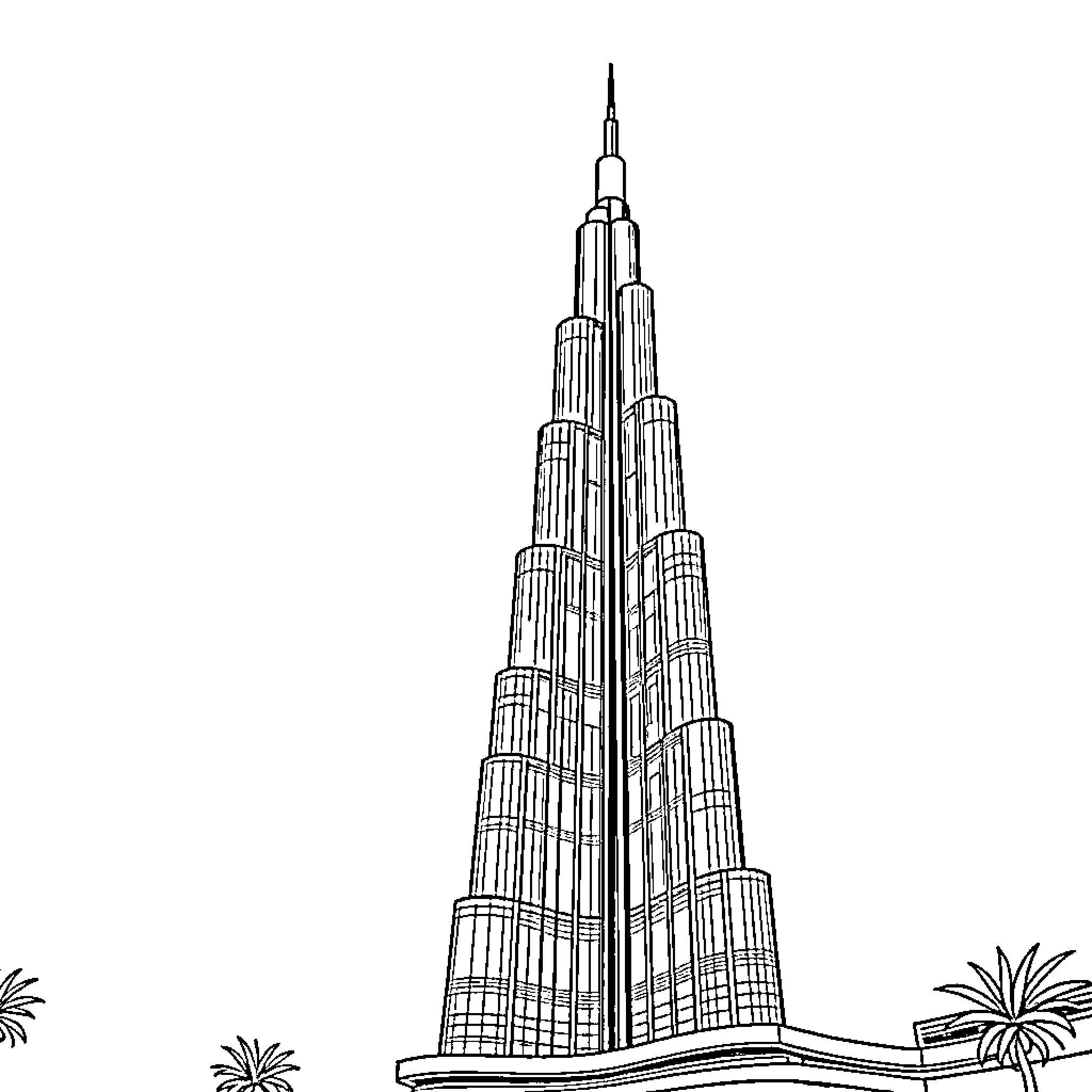 Burj Khalifa: Architectural Grandeur Coloring Page (free black-and-white line drawing printable PDF for all, from beginners to advanced learners, including children, teens, adults, and seniors)