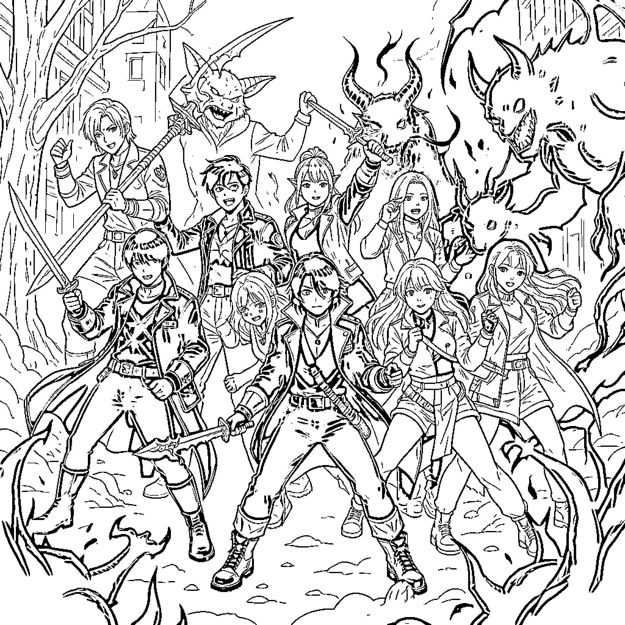 Kpop Demon Hunter group battling monsters in a city Coloring Page (free black-and-white line drawing printable PDF for all, from beginners to advanced learners, including children, teens, adults, and seniors)