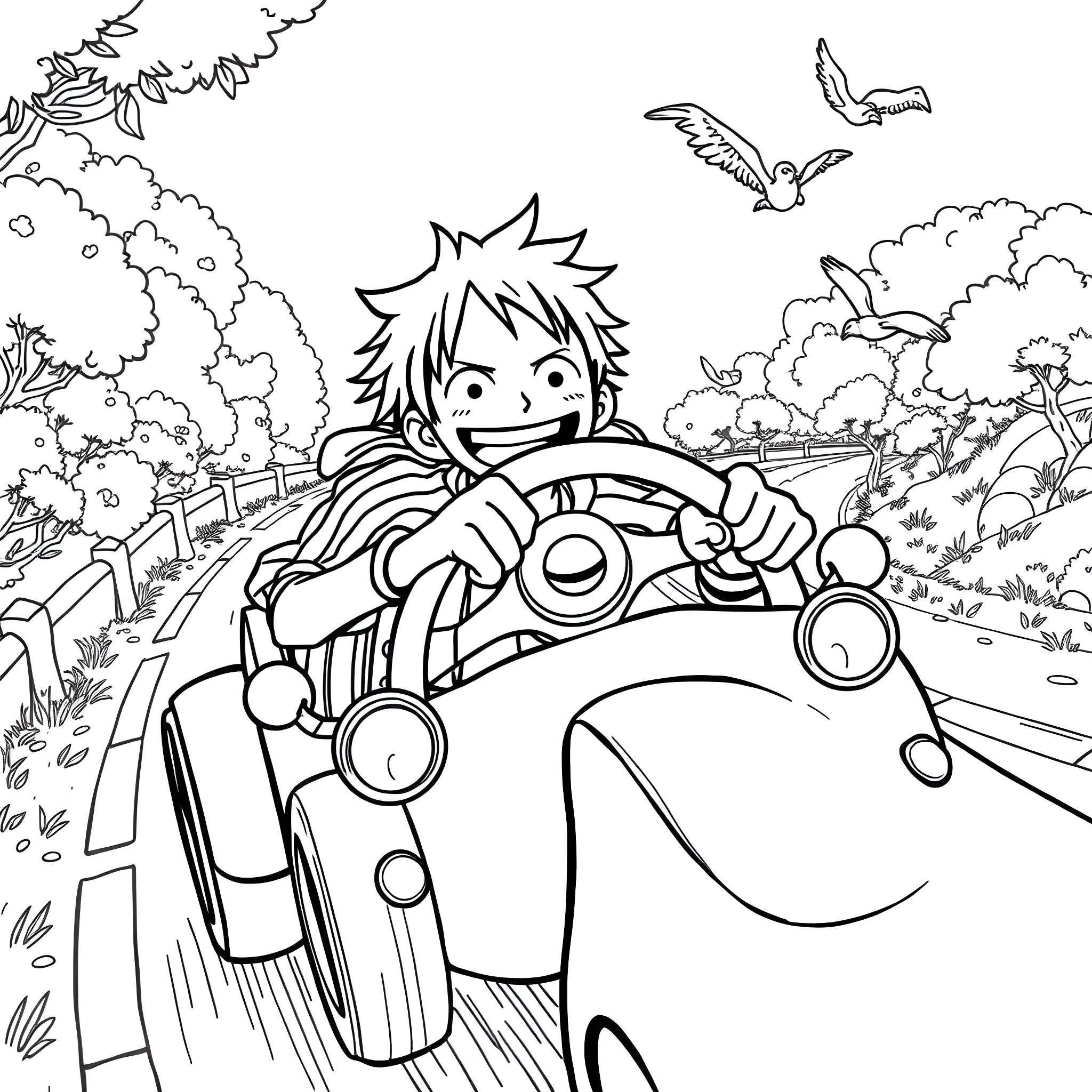 Luffy riding his motorcycle on the road Coloring Page (free black-and-white line drawing printable PDF for all, from beginners to advanced learners, including children, teens, adults, and seniors)