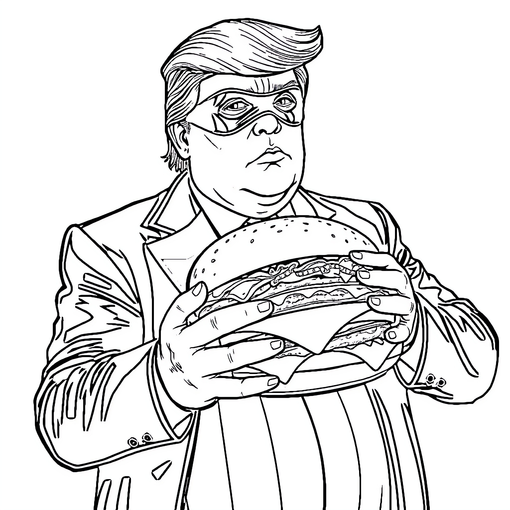 Trump enjoying a large sandwich in business attire Coloring Page (free black-and-white line drawing printable PDF for all, from beginners to advanced learners, including children, teens, adults, and seniors)