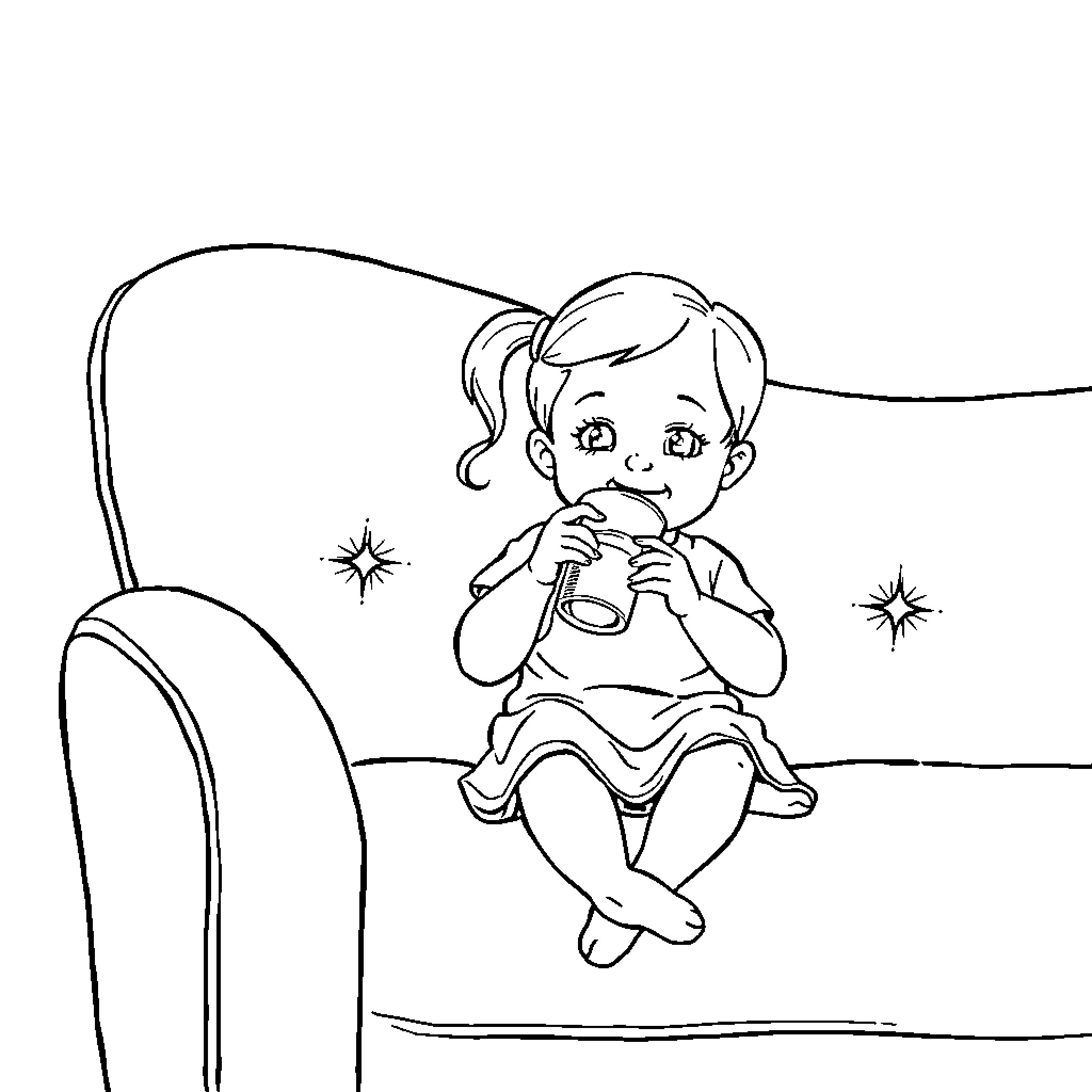 Girl playing with sparkles on a chair Coloring Page (free black-and-white line drawing printable PDF for all, from beginners to advanced learners, including children, teens, adults, and seniors)