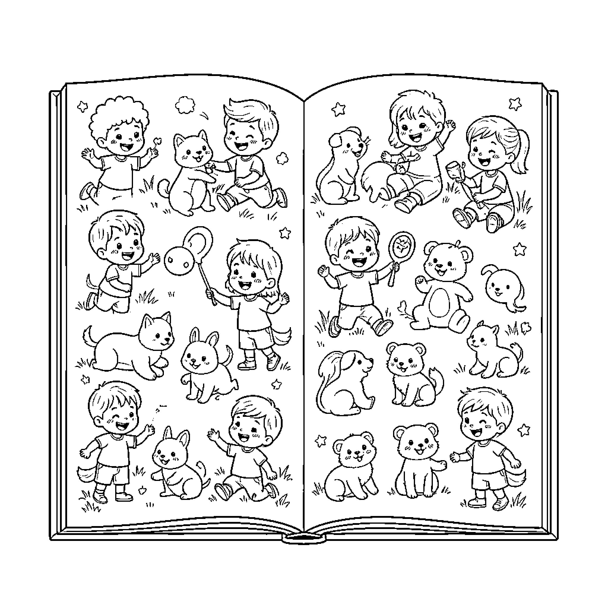 Animal Adventures in a Storybook Coloring Page (free black-and-white line drawing printable PDF for all, from beginners to advanced learners, including children, teens, adults, and seniors)