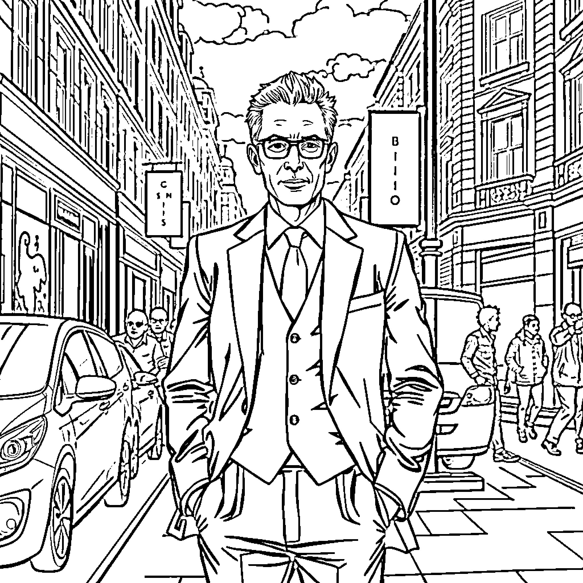 Lankester's Formal Portrait in Bustling City Street Coloring Page (free black-and-white line drawing printable PDF for all, from beginners to advanced learners, including children, teens, adults, and seniors)