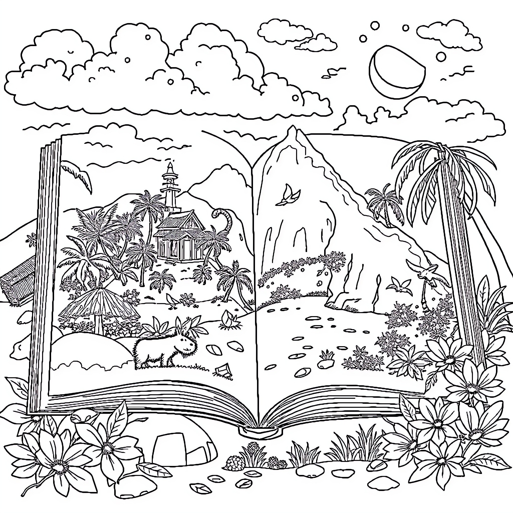 Book of Tropical Wonders and Scenery Coloring Page (free black-and-white line drawing printable PDF for all, from beginners to advanced learners, including children, teens, adults, and seniors)