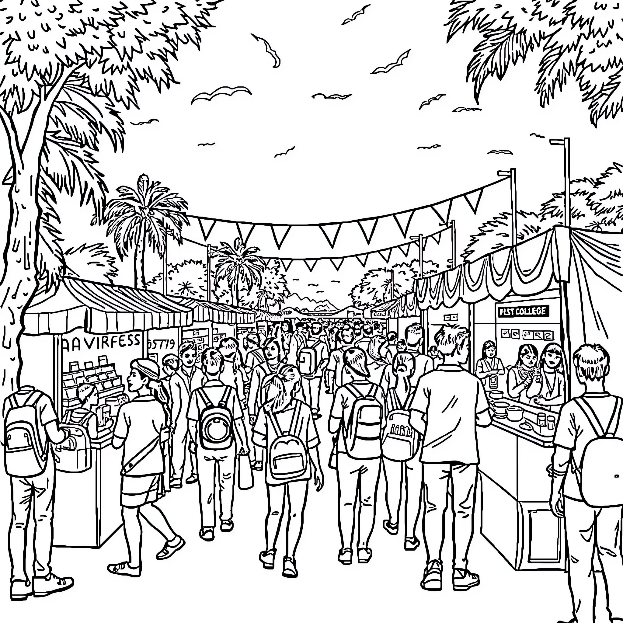 Anvikshanam: Lively Outdoor Festivities and Crowds Coloring Page (free black-and-white line drawing printable PDF for all, from beginners to advanced learners, including children, teens, adults, and seniors)