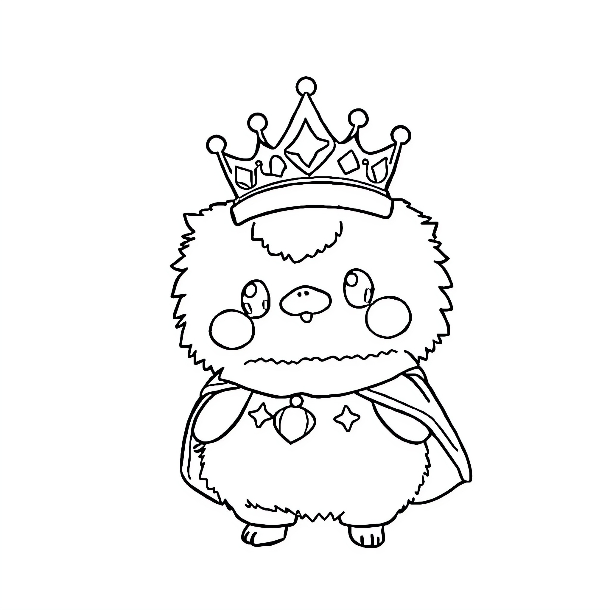 Pompompurin the crowned fluffy character Coloring Page (free black-and-white line drawing printable PDF for all, from beginners to advanced learners, including children, teens, adults, and seniors)