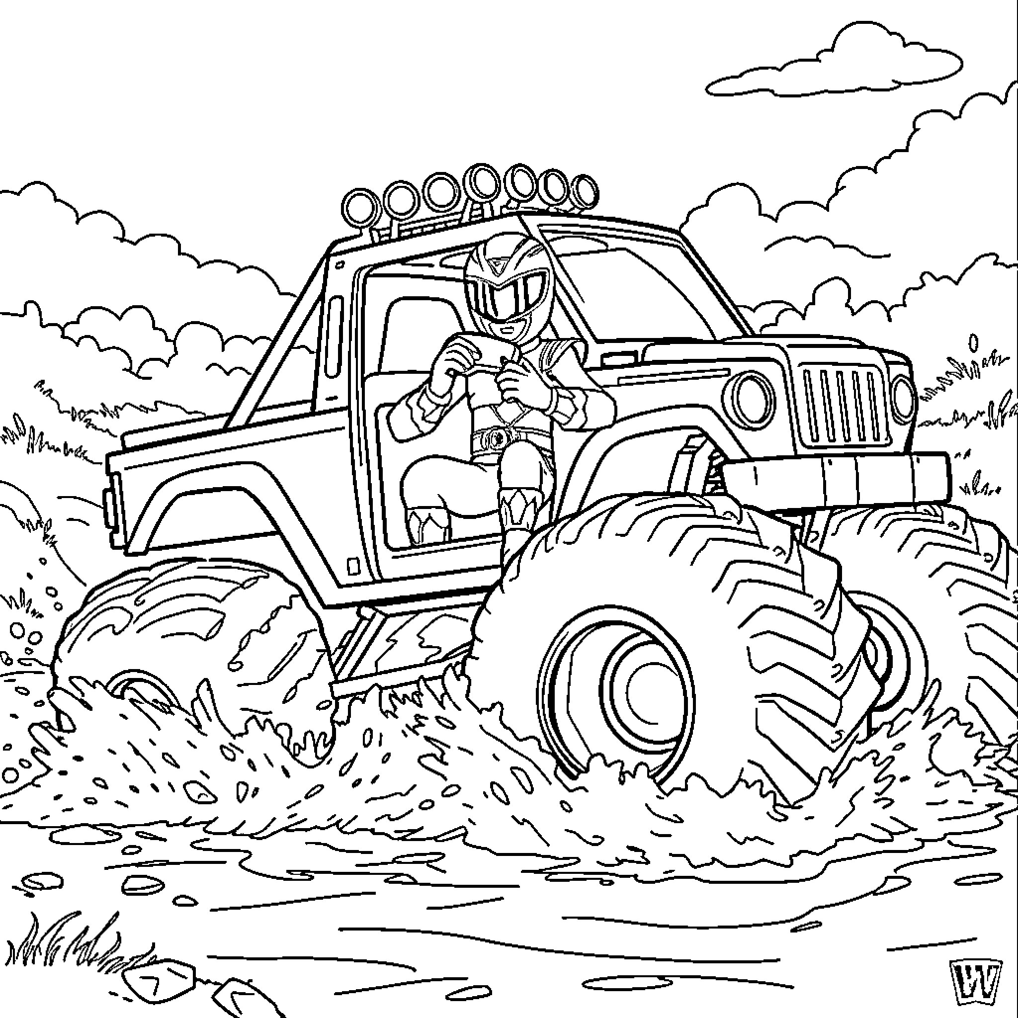 Power Ranger Off-Road Vehicle Adventure Coloring Page (free black-and-white line drawing printable PDF for all, from beginners to advanced learners, including children, teens, adults, and seniors)