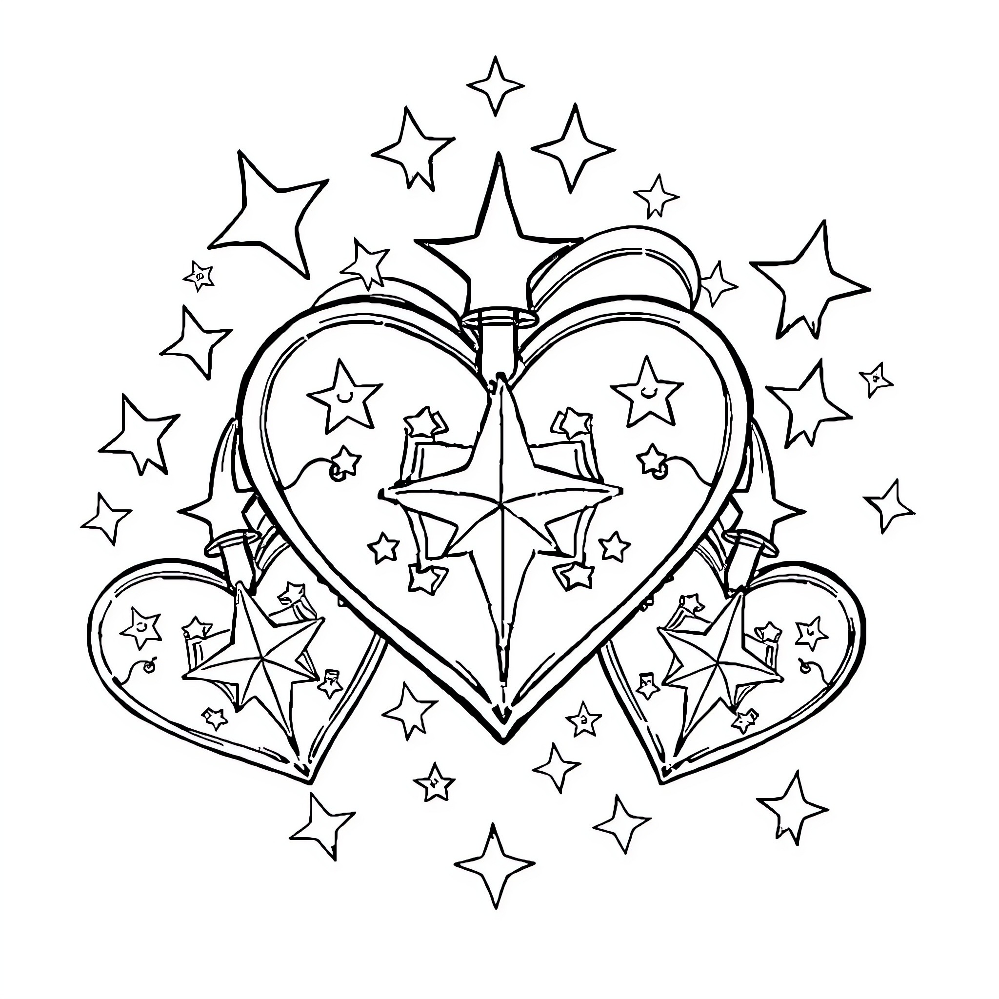 Heart Surrounded by Sparkling Stars Coloring Page (free black-and-white line drawing printable PDF for all, from beginners to advanced learners, including children, teens, adults, and seniors)