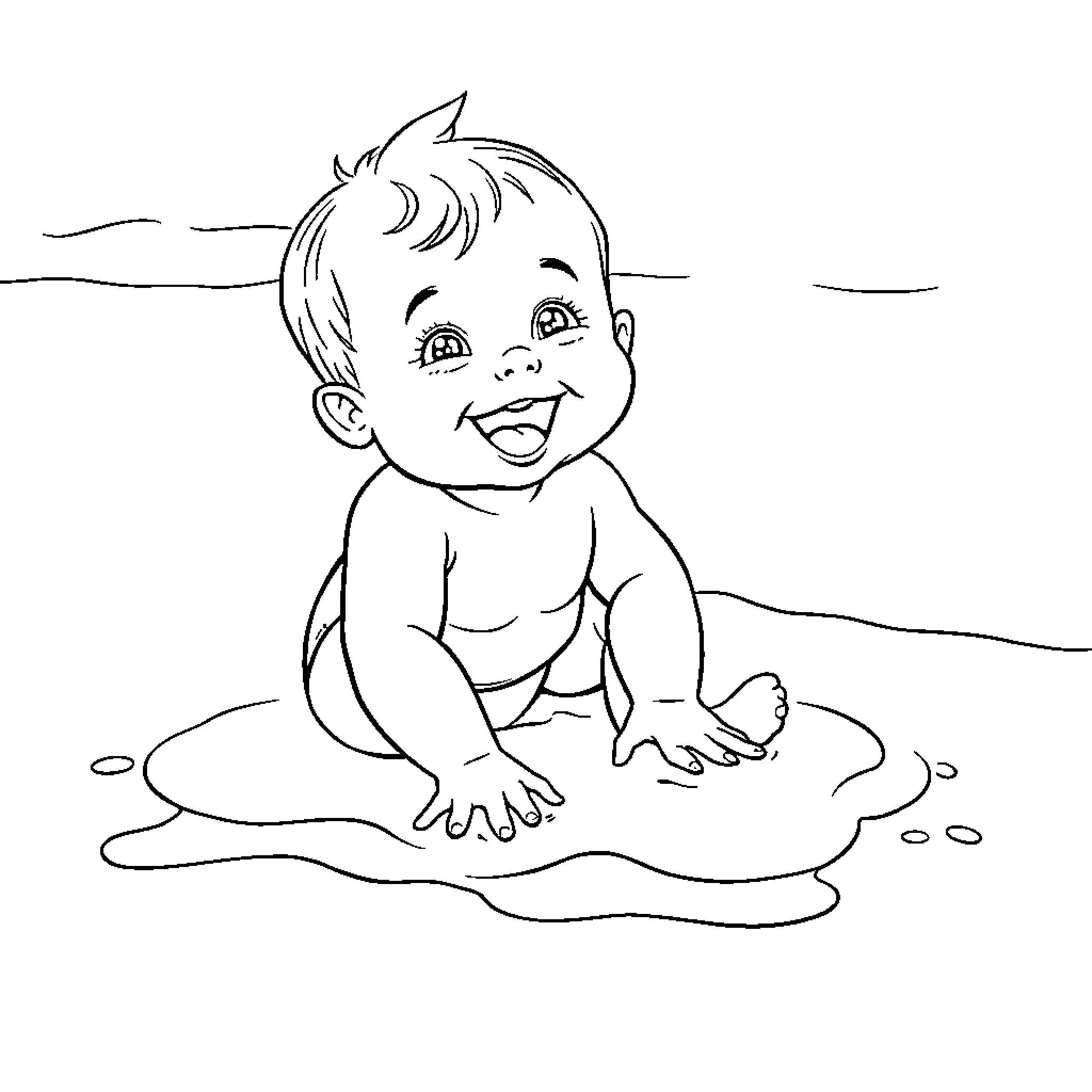 Baby playing happily on the beach Coloring Page (free black-and-white line drawing printable PDF for all, from beginners to advanced learners, including children, teens, adults, and seniors)