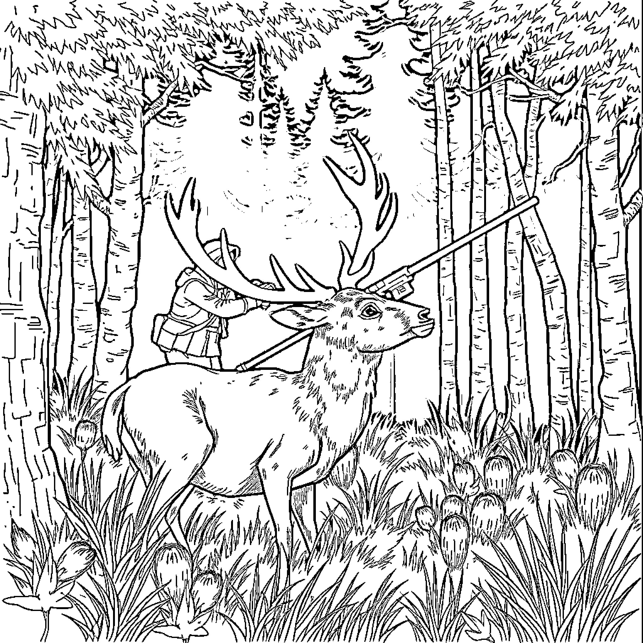 Deer standing in a forest scene Coloring Page (free black-and-white line drawing printable PDF for all, from beginners to advanced learners, including children, teens, adults, and seniors)