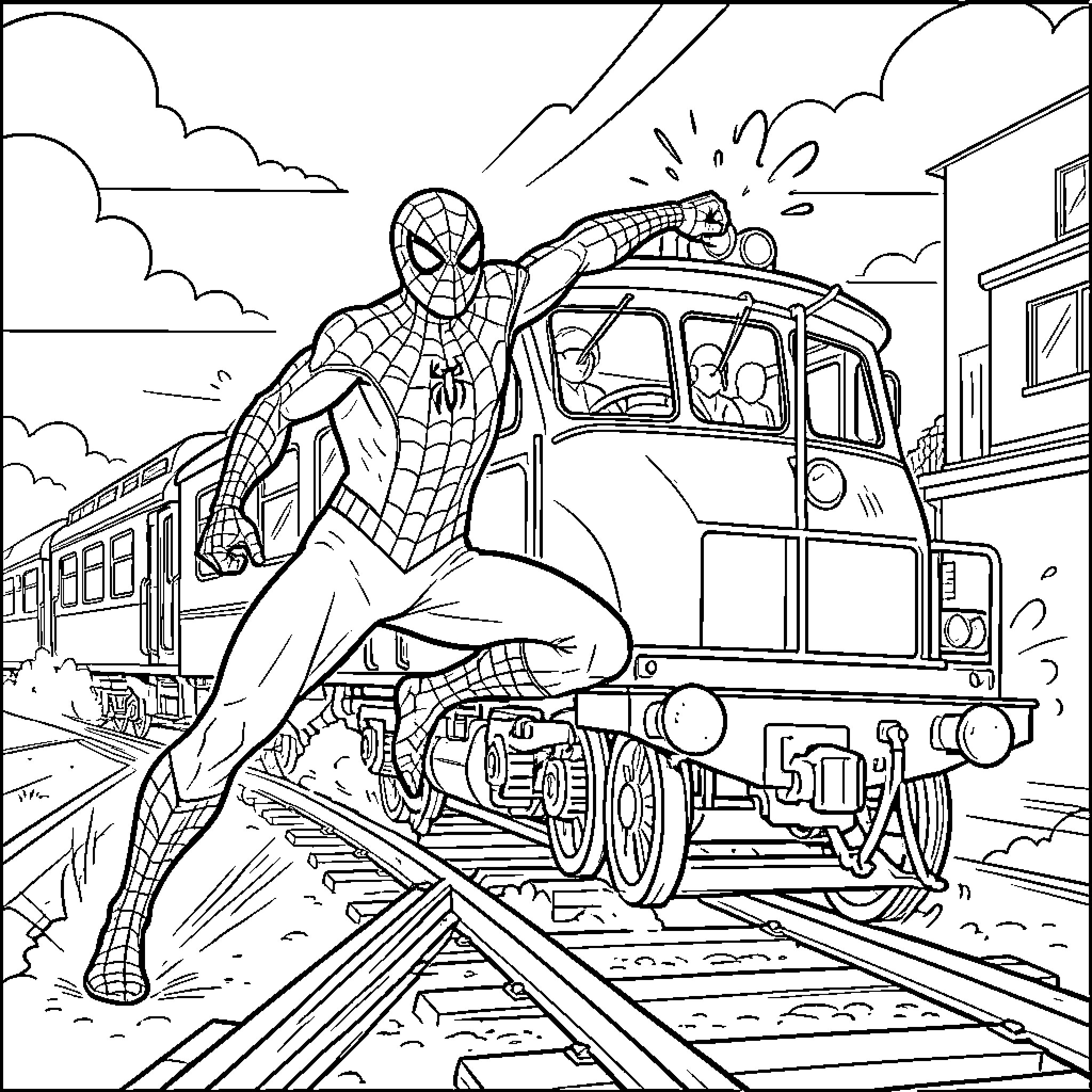 Spiderman leaping heroically in front of a moving train Coloring Page (free black-and-white line drawing printable PDF for all, from beginners to advanced learners, including children, teens, adults, and seniors)