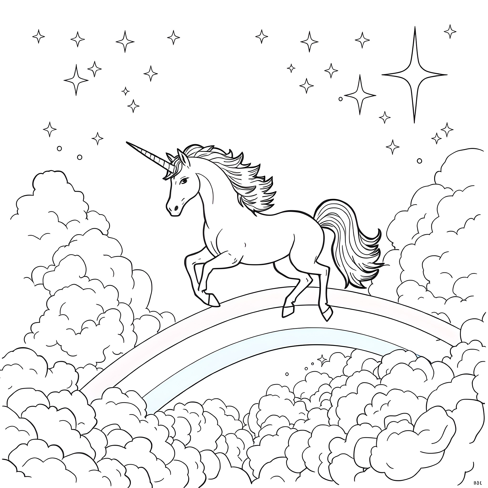 Unicorn galloping through a starry night sky Coloring Page (free black-and-white line drawing printable PDF for all, from beginners to advanced learners, including children, teens, adults, and seniors)