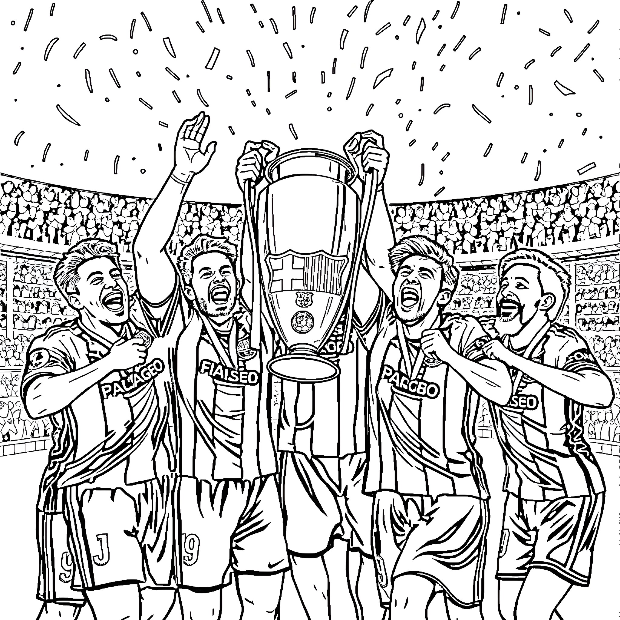 Fc Barcelona players celebrating trophy win Coloring Page (free black-and-white line drawing printable PDF for all, from beginners to advanced learners, including children, teens, adults, and seniors)