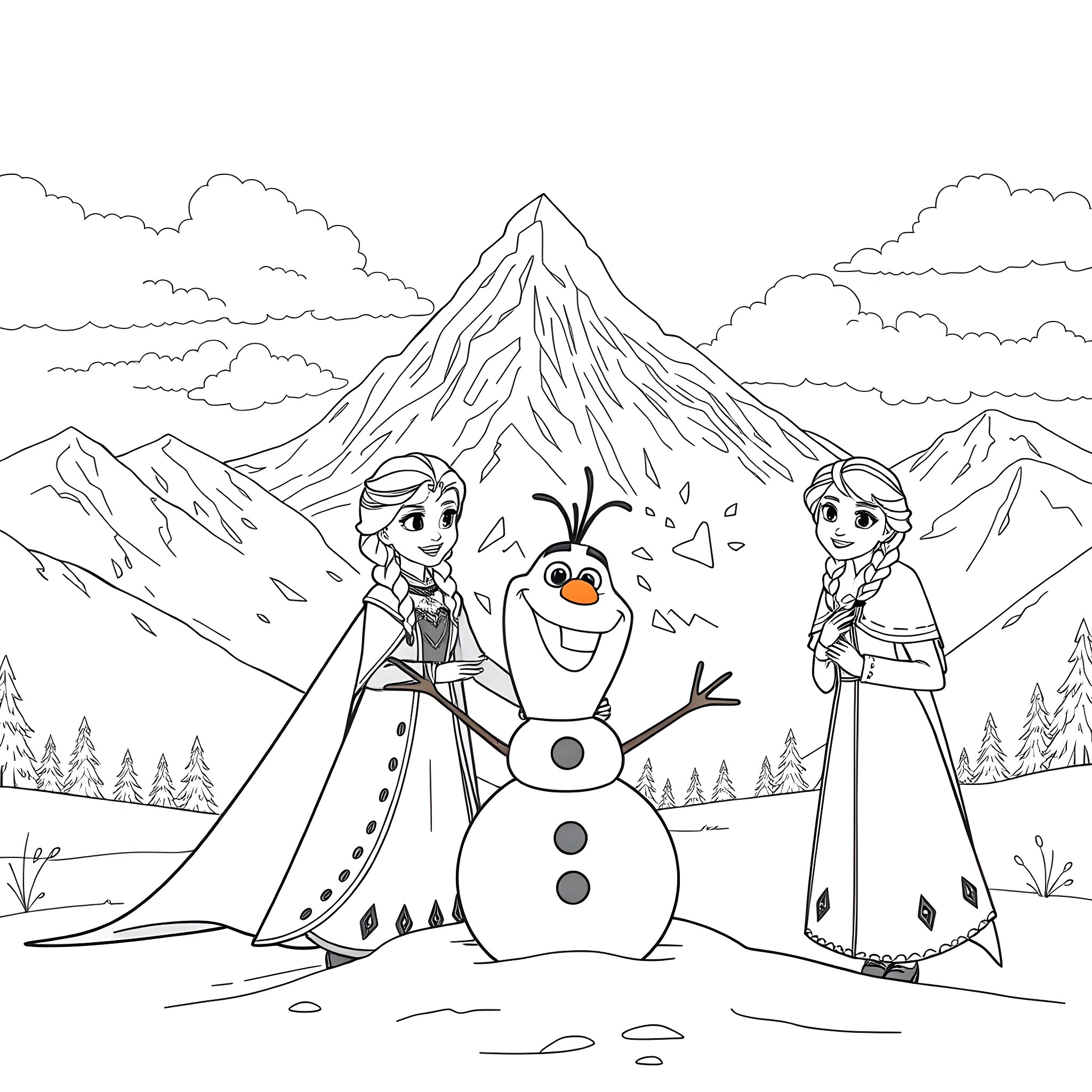 Elsa and Anna building a snowman in the mountains Coloring Page (free black-and-white line drawing printable PDF for all, from beginners to advanced learners, including children, teens, adults, and seniors)