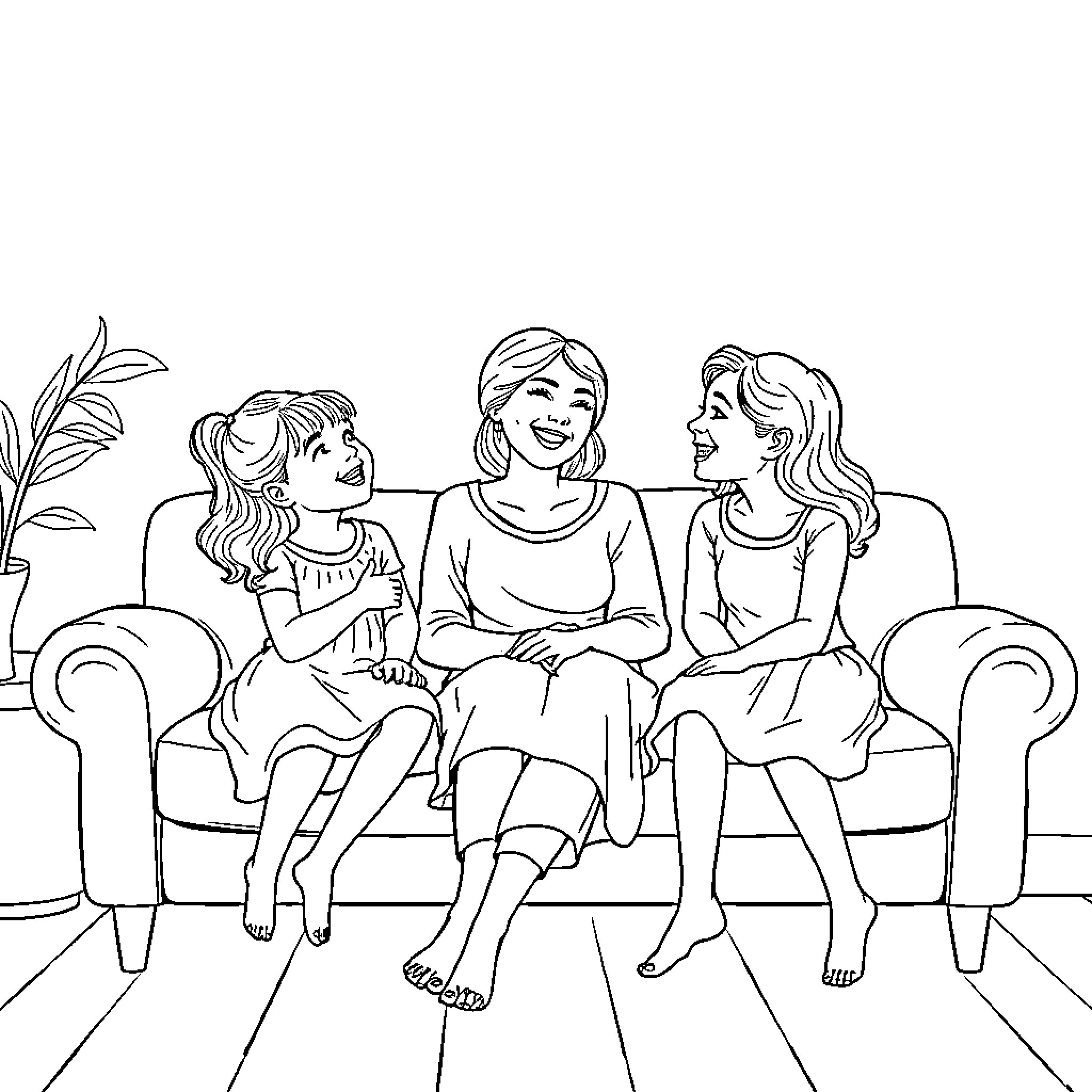 Mother and Daughters Relaxing Together Coloring Page (free black-and-white line drawing printable PDF for all, from beginners to advanced learners, including children, teens, adults, and seniors)