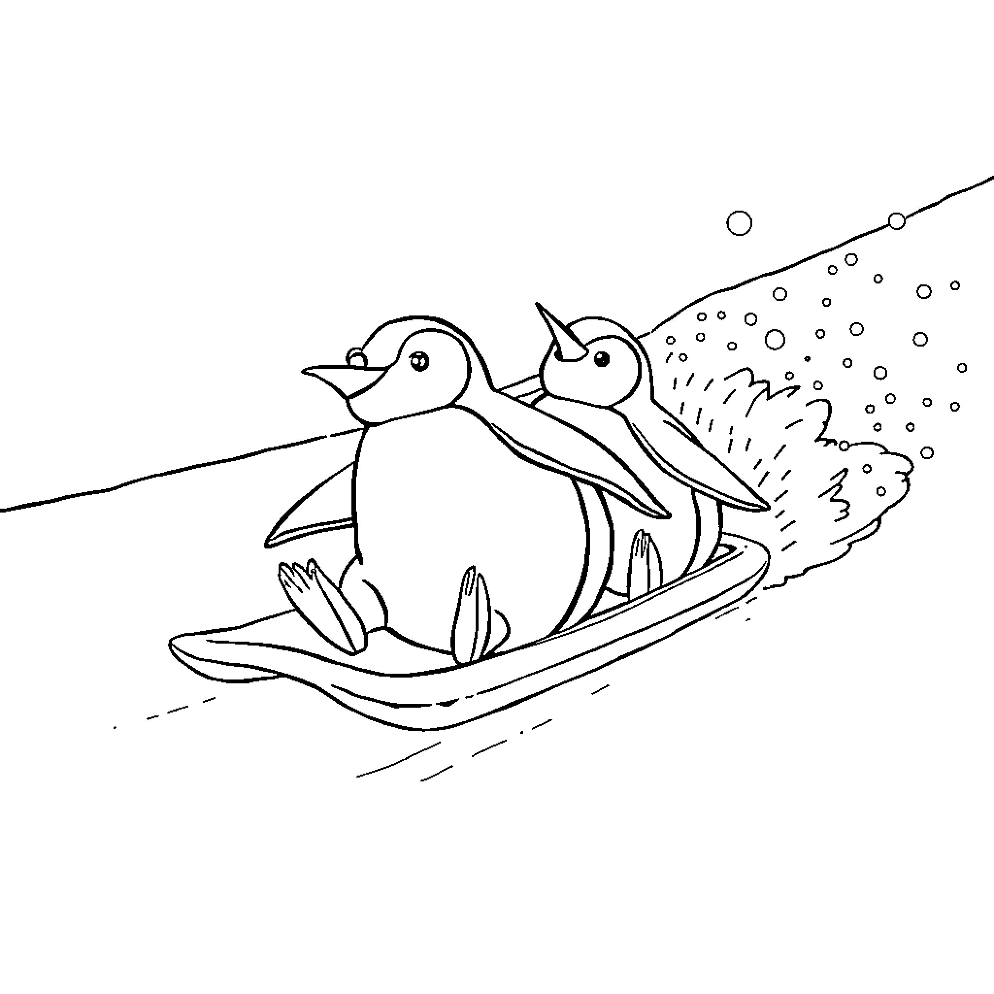 Penguin friends sledding in the snow Coloring Page (free black-and-white line drawing printable PDF for all, from beginners to advanced learners, including children, teens, adults, and seniors)
