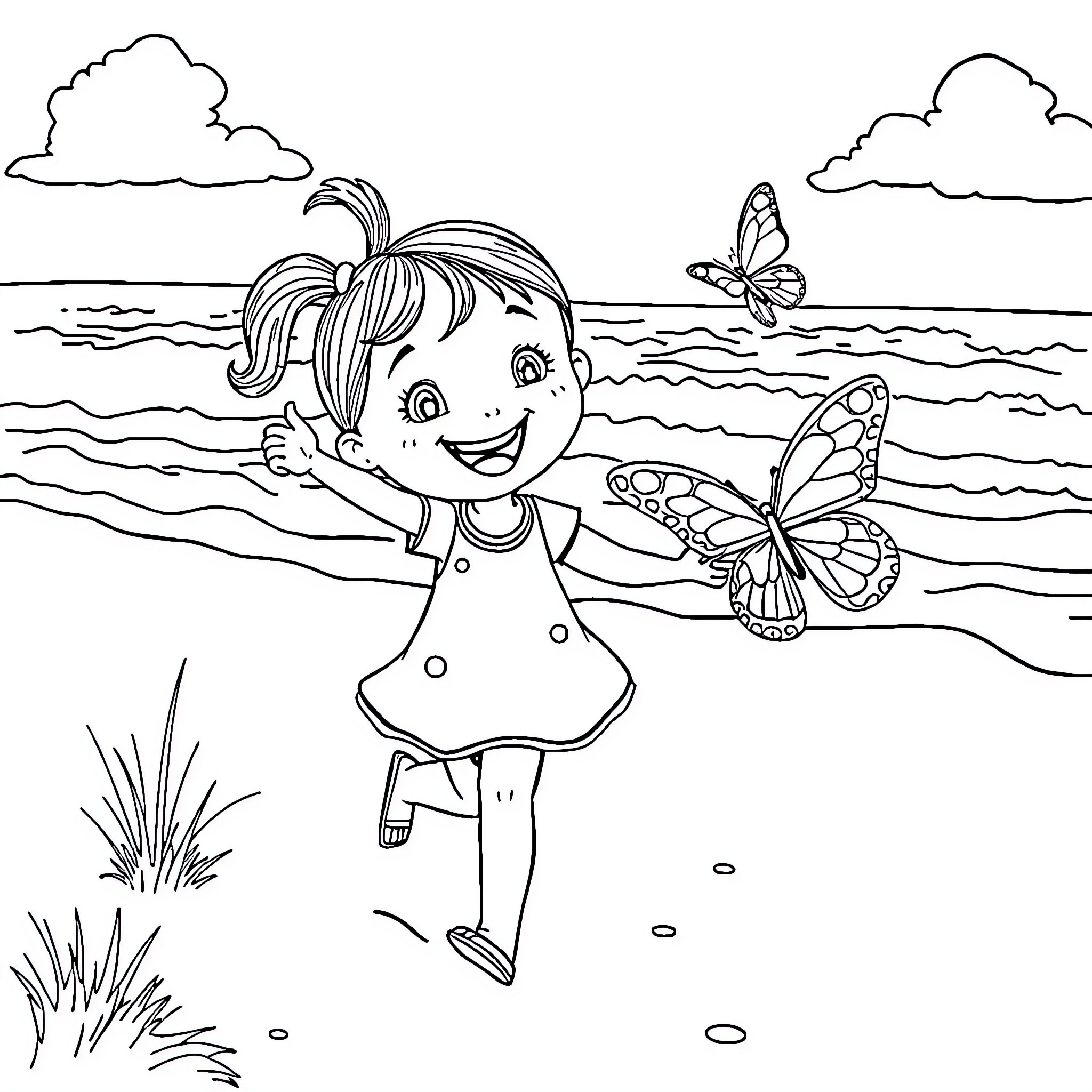 Girl Joyfully Chasing Butterflies by the Beach Coloring Page (free black-and-white line drawing printable PDF for all, from beginners to advanced learners, including children, teens, adults, and seniors)