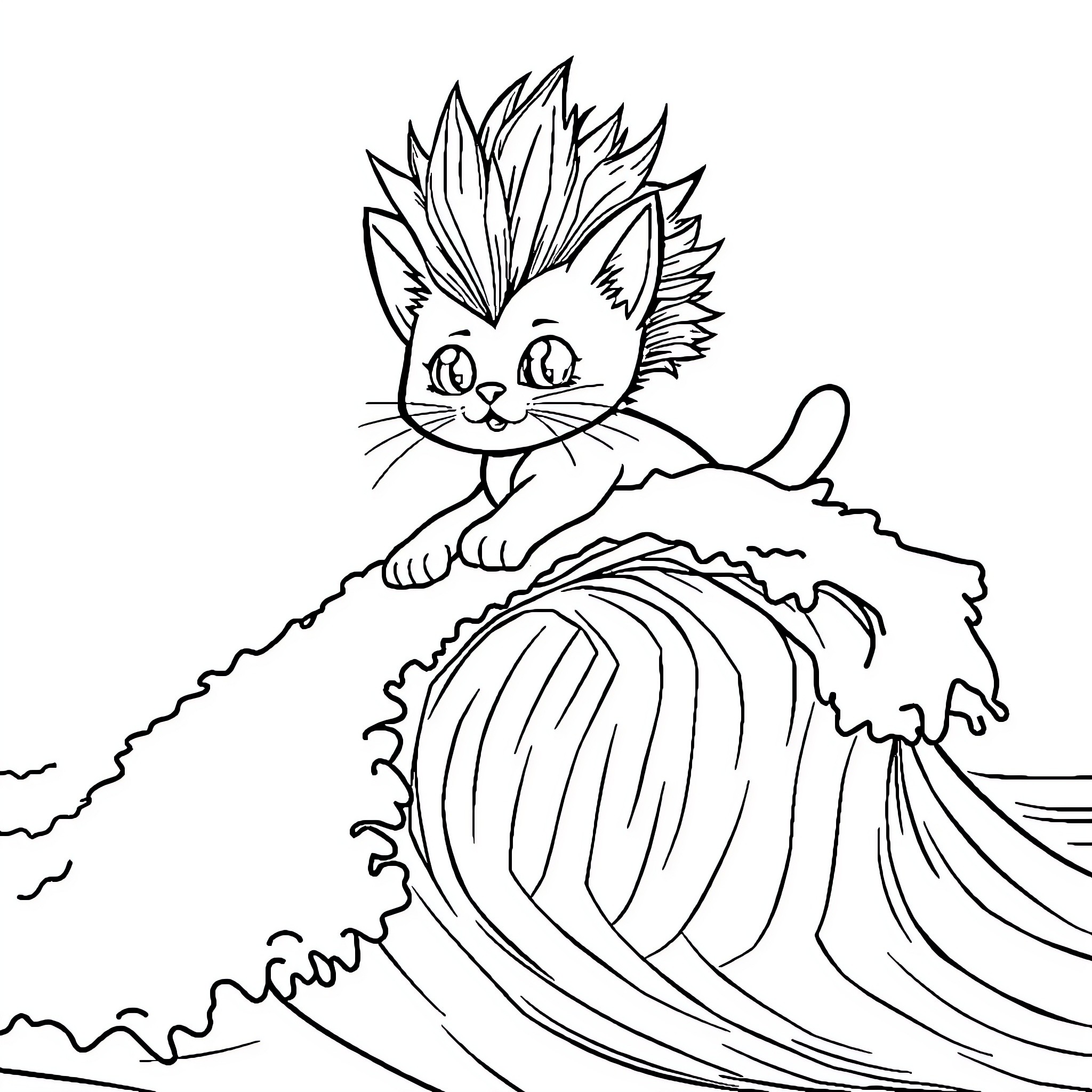 Cat surfing on a big wave Coloring Page (free black-and-white line drawing printable PDF for all, from beginners to advanced learners, including children, teens, adults, and seniors)