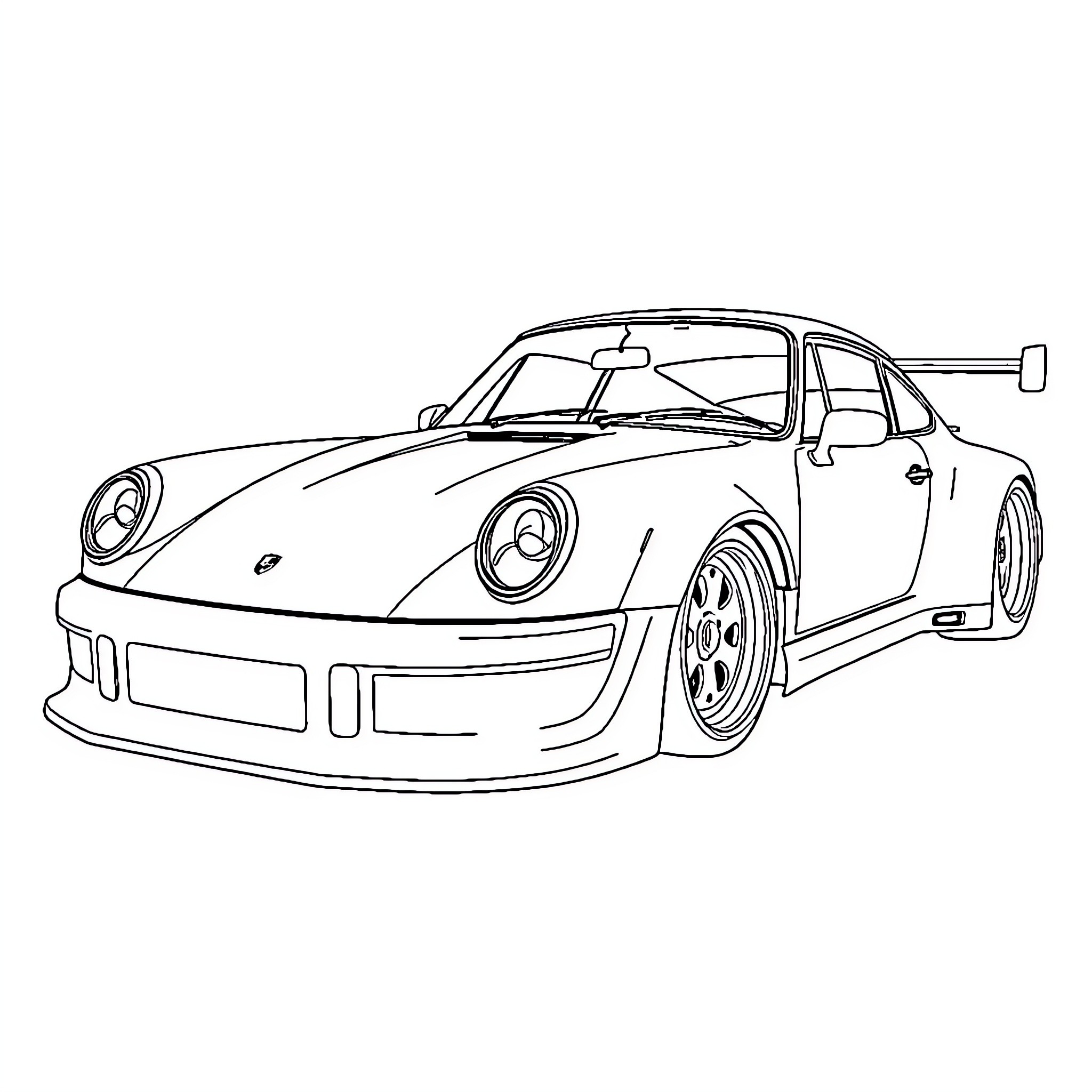 Porsche sports car with racing modifications Coloring Page (free black-and-white line drawing printable PDF for all, from beginners to advanced learners, including children, teens, adults, and seniors)