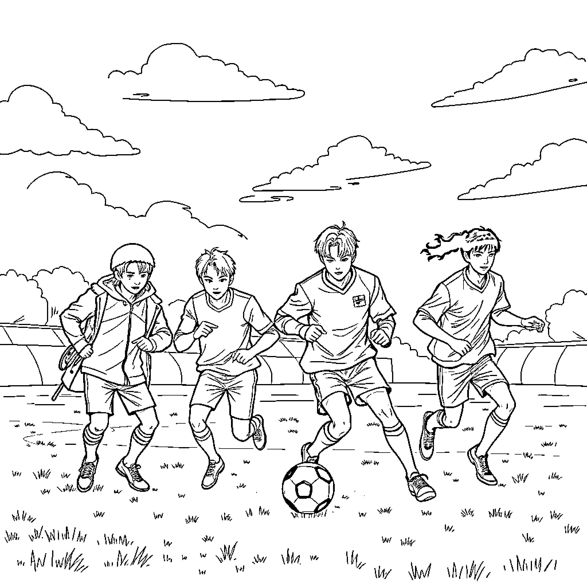 K-pop Hunter: Soccer-playing teenagers on the field Coloring Page (free black-and-white line drawing printable PDF for all, from beginners to advanced learners, including children, teens, adults, and seniors)