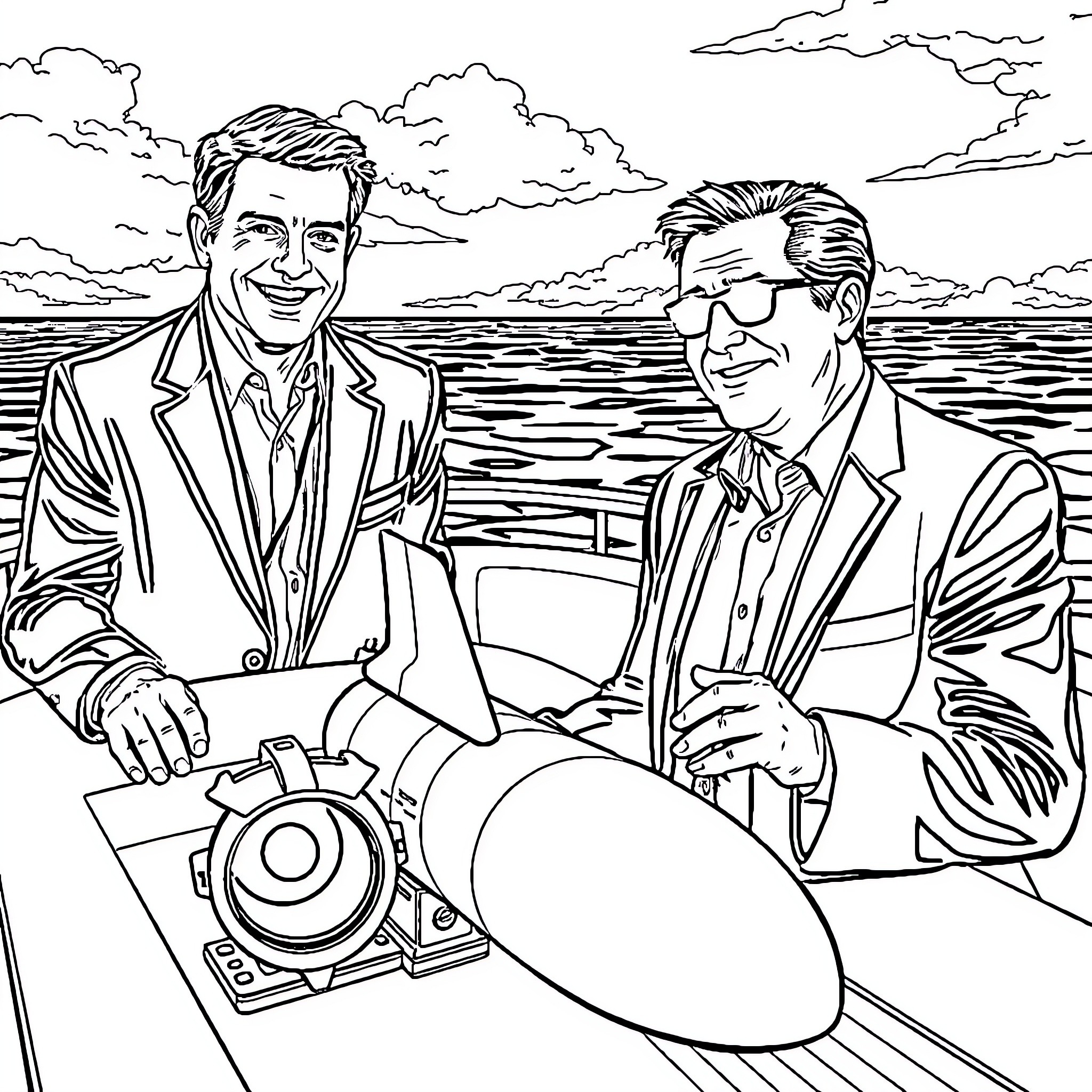 Cruise aboard a boat with two men in formal attire Coloring Page (free black-and-white line drawing printable PDF for all, from beginners to advanced learners, including children, teens, adults, and seniors)
