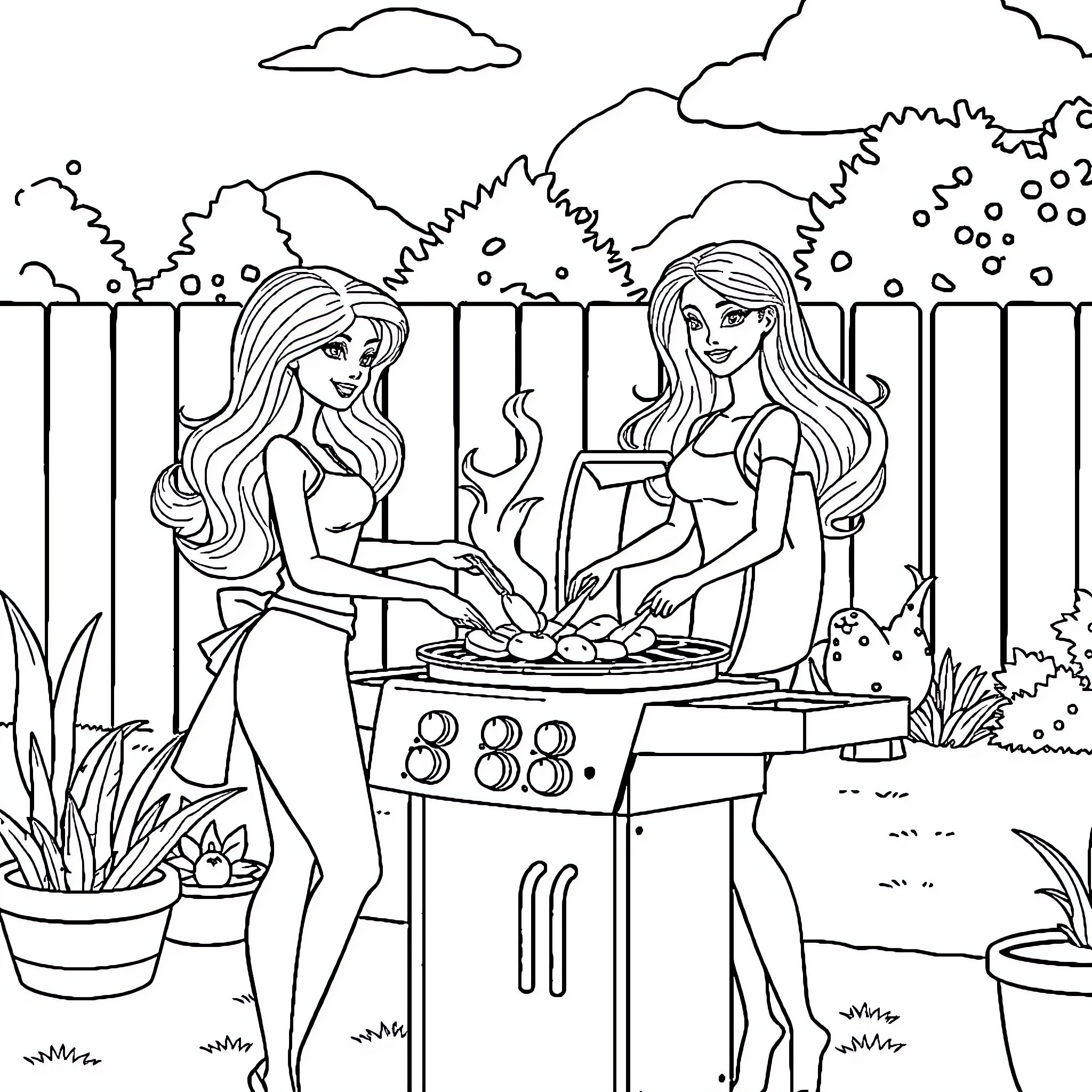 Barbie friends having fun outdoor barbecue party Coloring Page (free black-and-white line drawing printable PDF for all, from beginners to advanced learners, including children, teens, adults, and seniors)