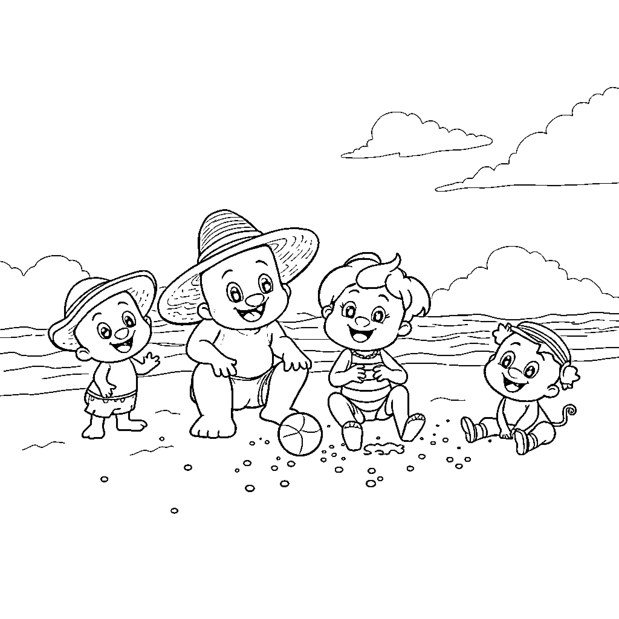 Bluey and friends playing happily on the beach Coloring Page (free black-and-white line drawing printable PDF for all, from beginners to advanced learners, including children, teens, adults, and seniors)