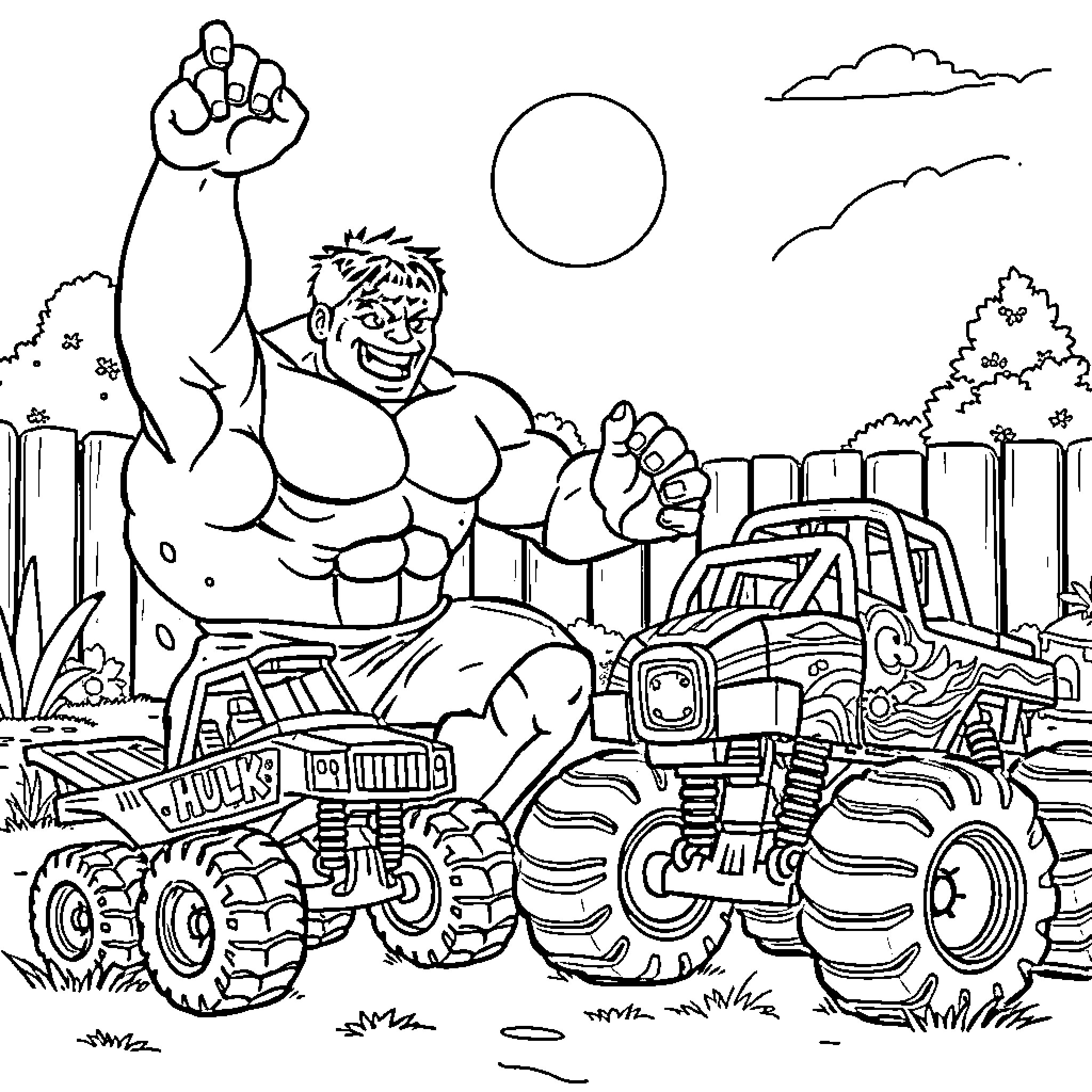 Hulk smashing through the city with a monster truck Coloring Page (free black-and-white line drawing printable PDF for all, from beginners to advanced learners, including children, teens, adults, and seniors)
