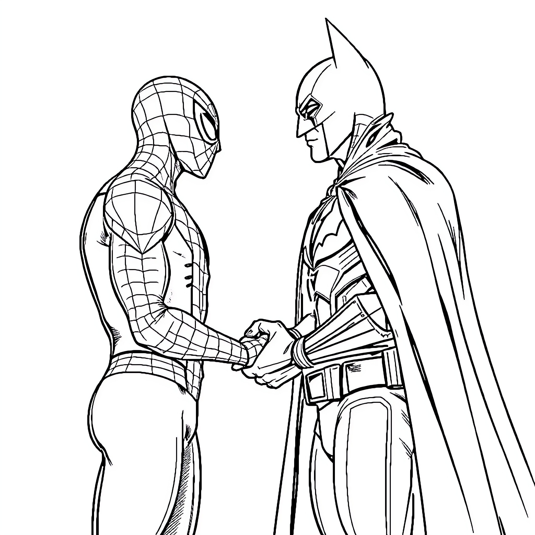 Spiderman and Batman shaking hands Coloring Page (free black-and-white line drawing printable PDF for all, from beginners to advanced learners, including children, teens, adults, and seniors)