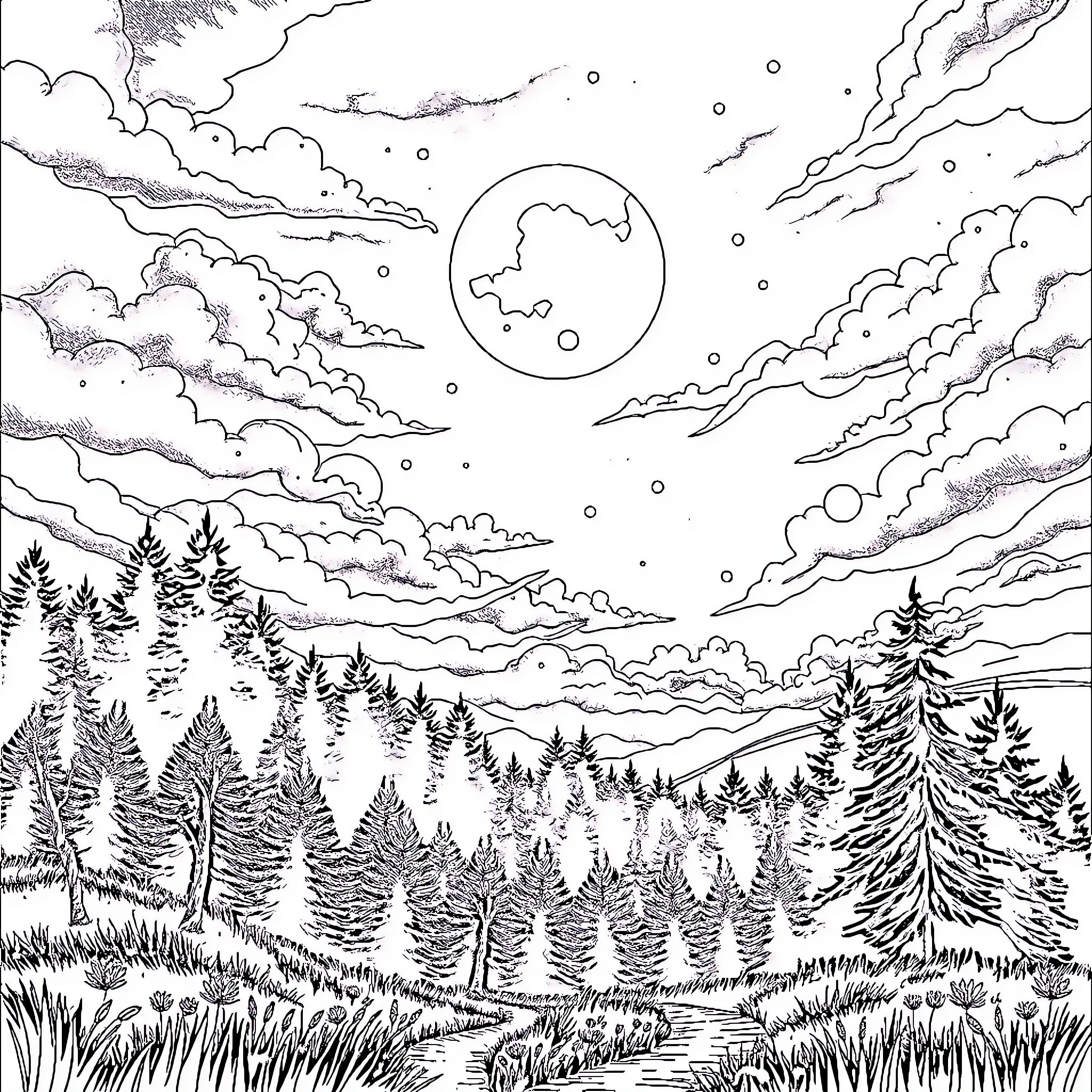 Twilight Landscape of Peaceful Forests and Starry Skies Coloring Page (free black-and-white line drawing printable PDF for all, from beginners to advanced learners, including children, teens, adults, and seniors)