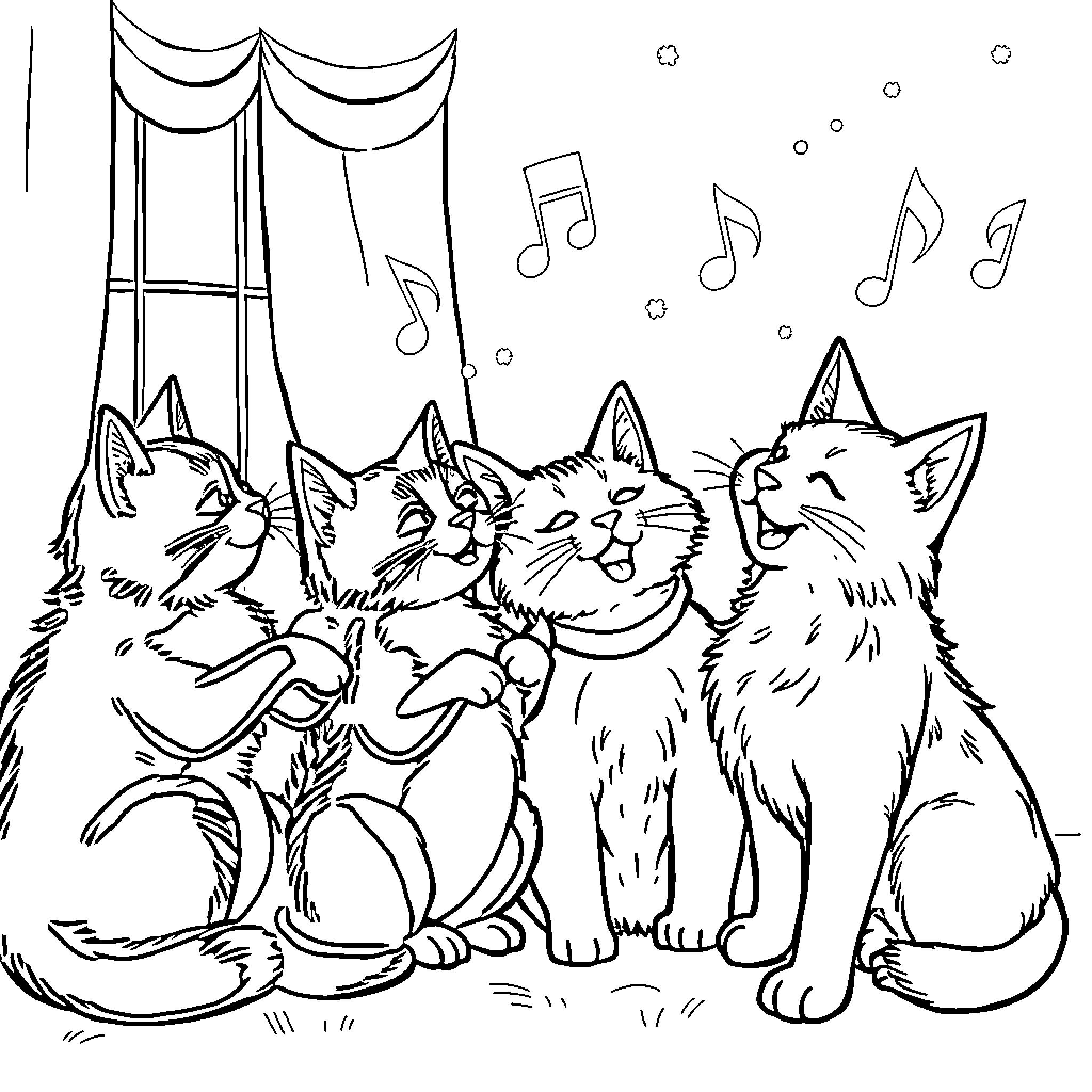 Cat singers performing on stage Coloring Page (free black-and-white line drawing printable PDF for all, from beginners to advanced learners, including children, teens, adults, and seniors)