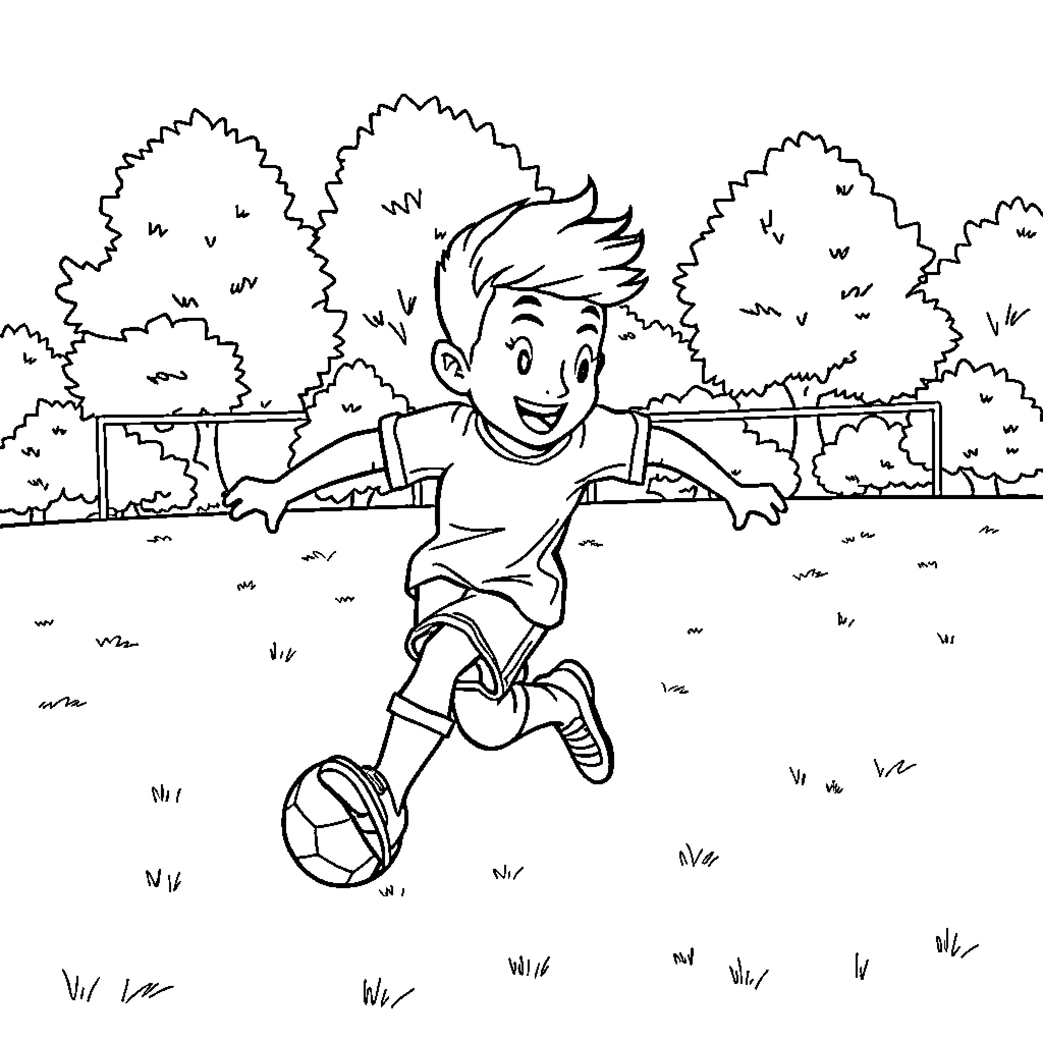 Hijitus playing happily with a soccer ball in the park Coloring Page (free black-and-white line drawing printable PDF for all, from beginners to advanced learners, including children, teens, adults, and seniors)