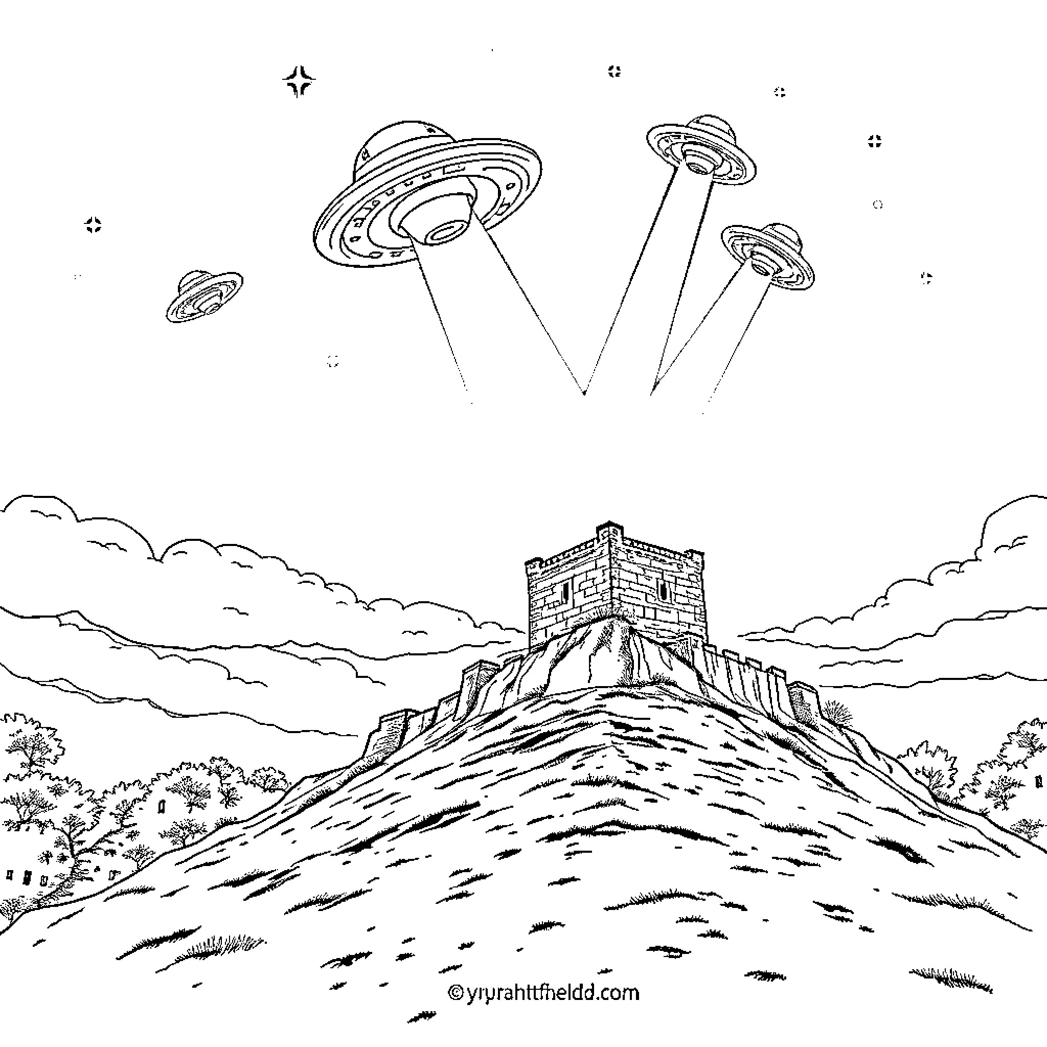Castle with Mysterious Aerial Vehicles Coloring Page (free black-and-white line drawing printable PDF for all, from beginners to advanced learners, including children, teens, adults, and seniors)