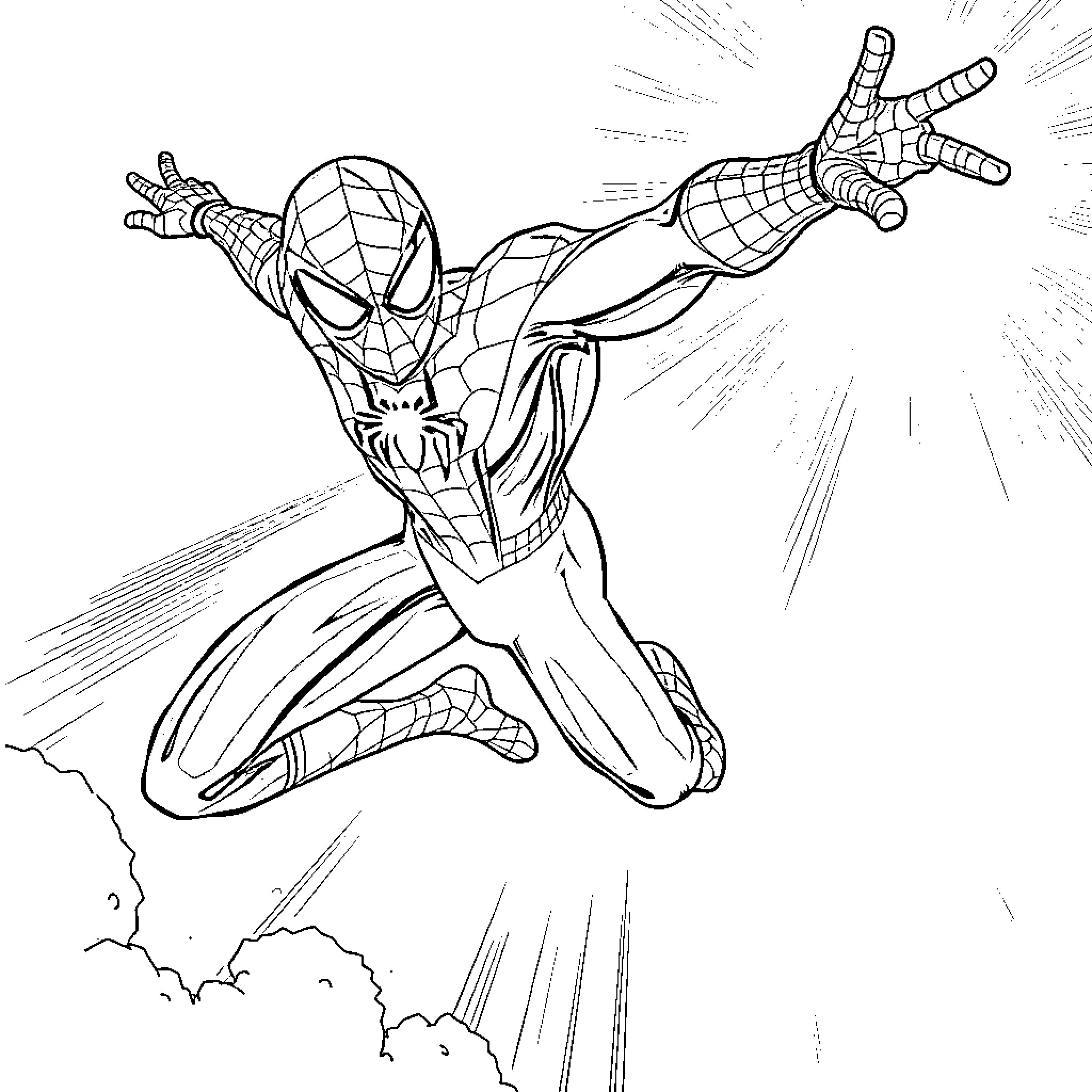 Spider-Man swinging in action with heroic pose Coloring Page (free black-and-white line drawing printable PDF for all, from beginners to advanced learners, including children, teens, adults, and seniors)
