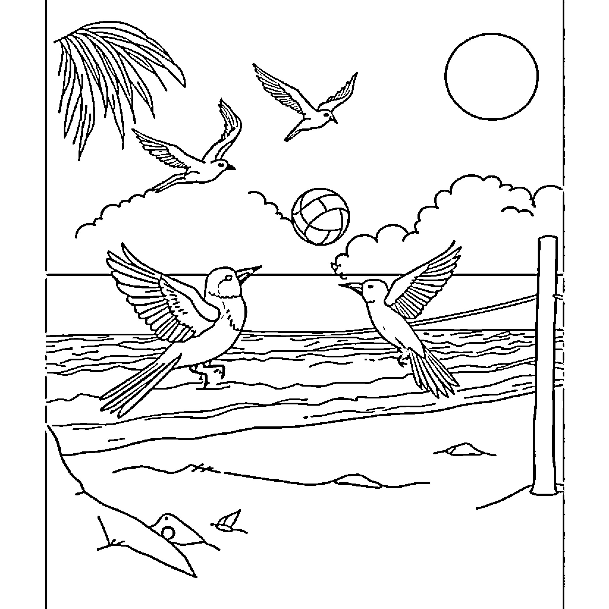 Birds soaring in tropical beach scene Coloring Page (free black-and-white line drawing printable PDF for all, from beginners to advanced learners, including children, teens, adults, and seniors)