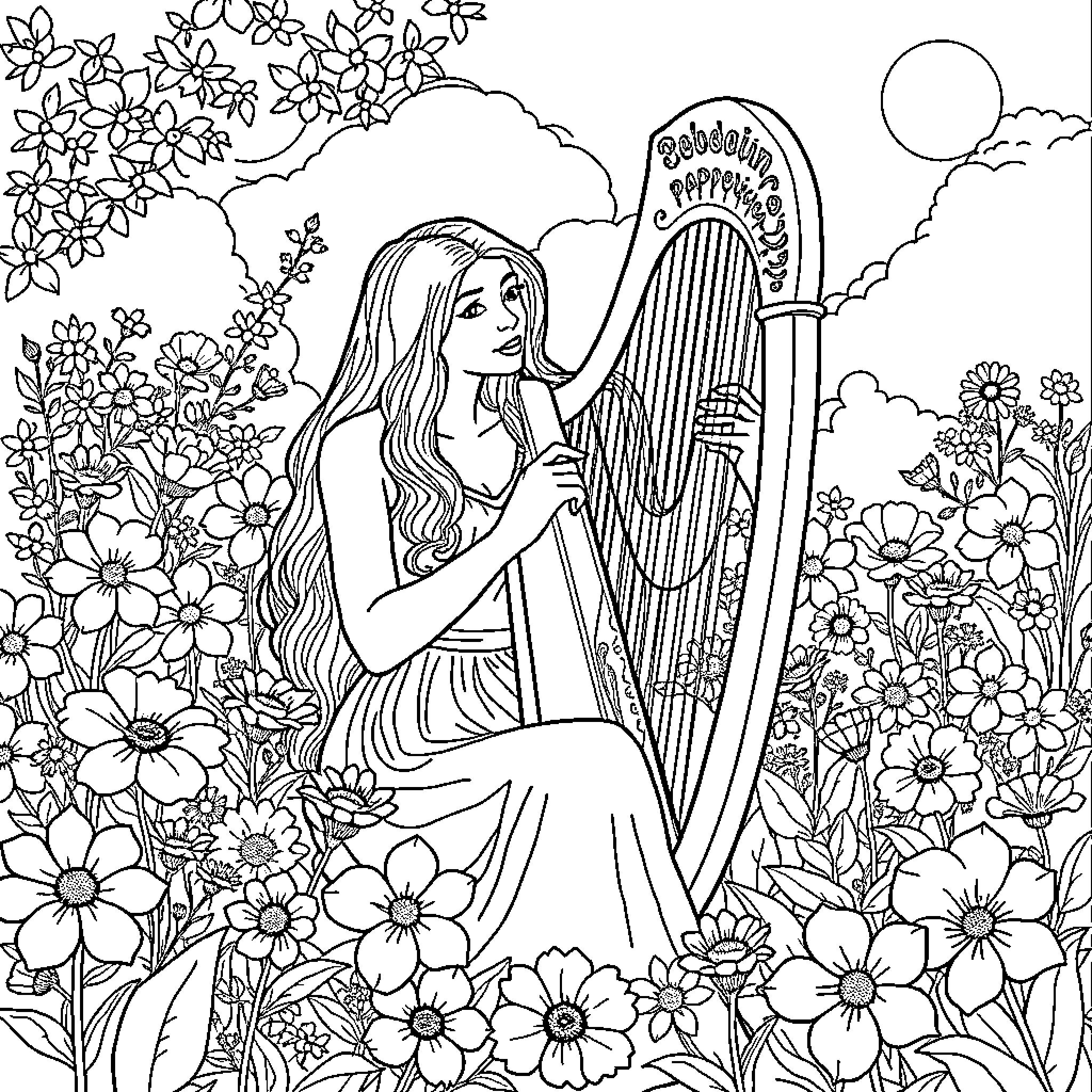 Woman Playing Music in a Flowery Garden Coloring Page (free black-and-white line drawing printable PDF for all, from beginners to advanced learners, including children, teens, adults, and seniors)