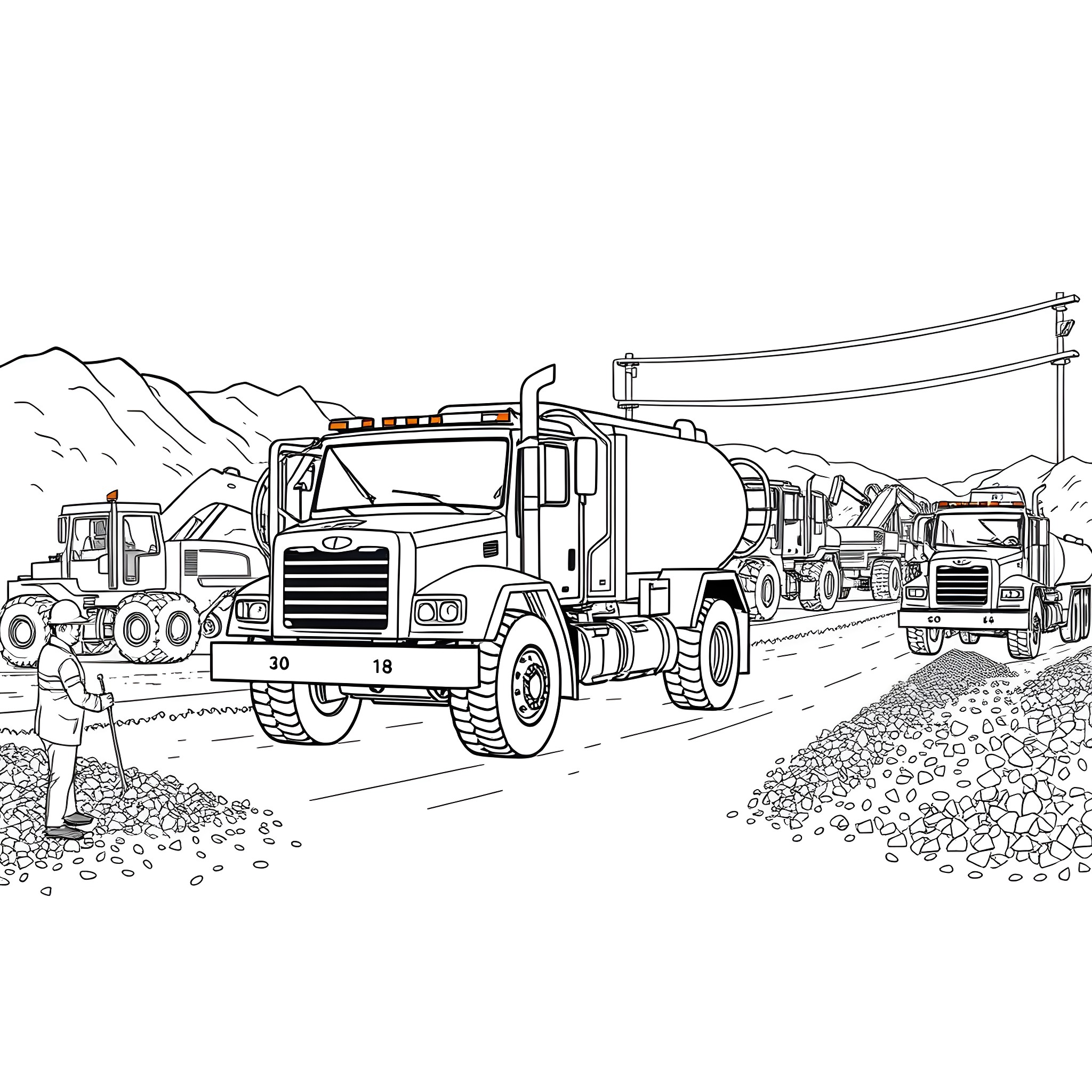 Water Trucks Working on the Road Construction Site Coloring Page (free black-and-white line drawing printable PDF for all, from beginners to advanced learners, including children, teens, adults, and seniors)